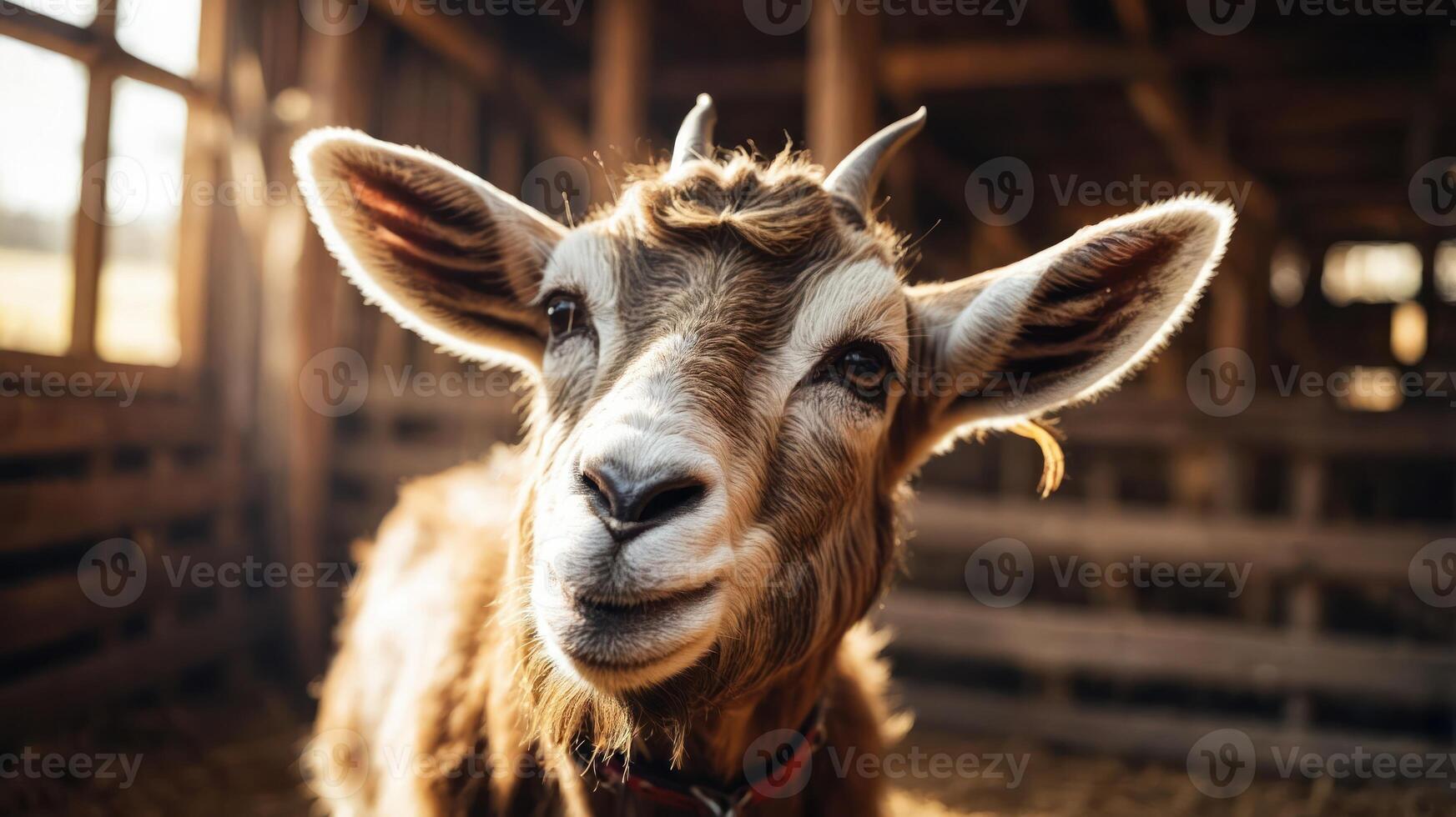 A close-up of a goat in a rustic barn setting, showcasing its friendly expression. photo