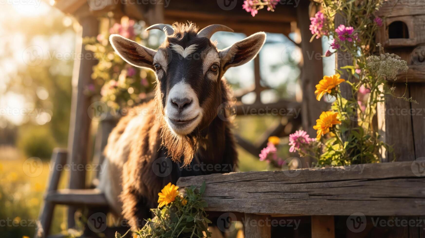 A goat stands near a wooden structure adorned with colorful flowers in a sunny field. photo