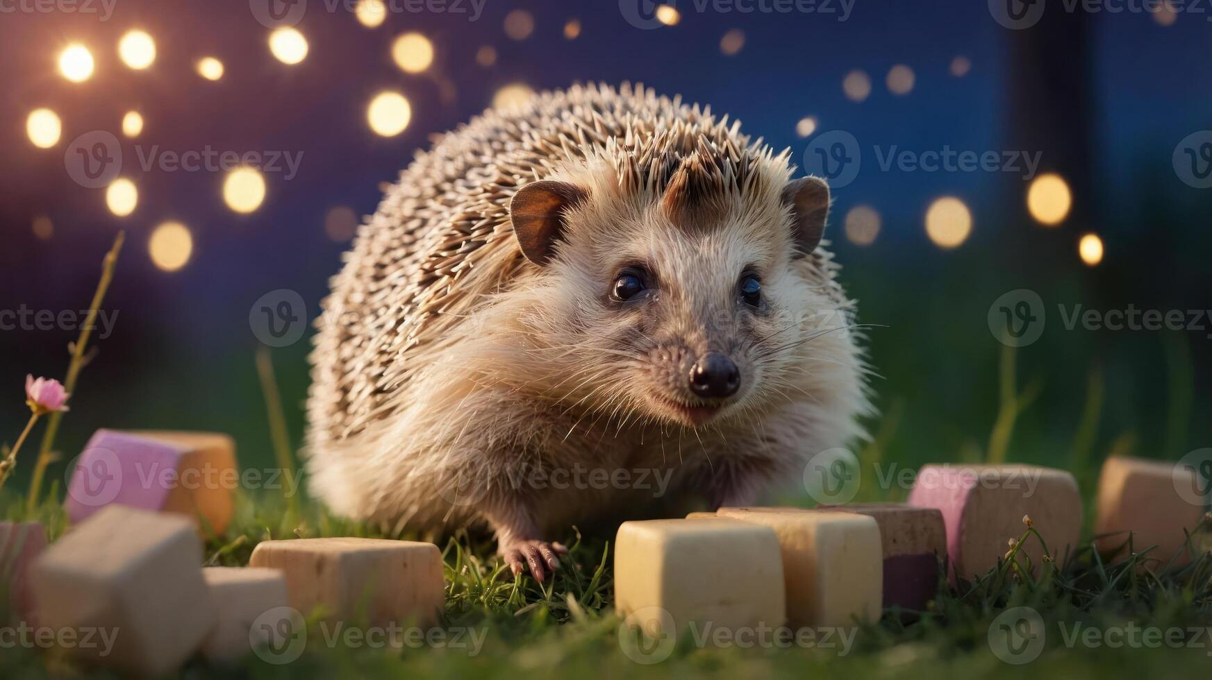 A cute hedgehog surrounded by colorful blocks in a whimsical outdoor setting. photo