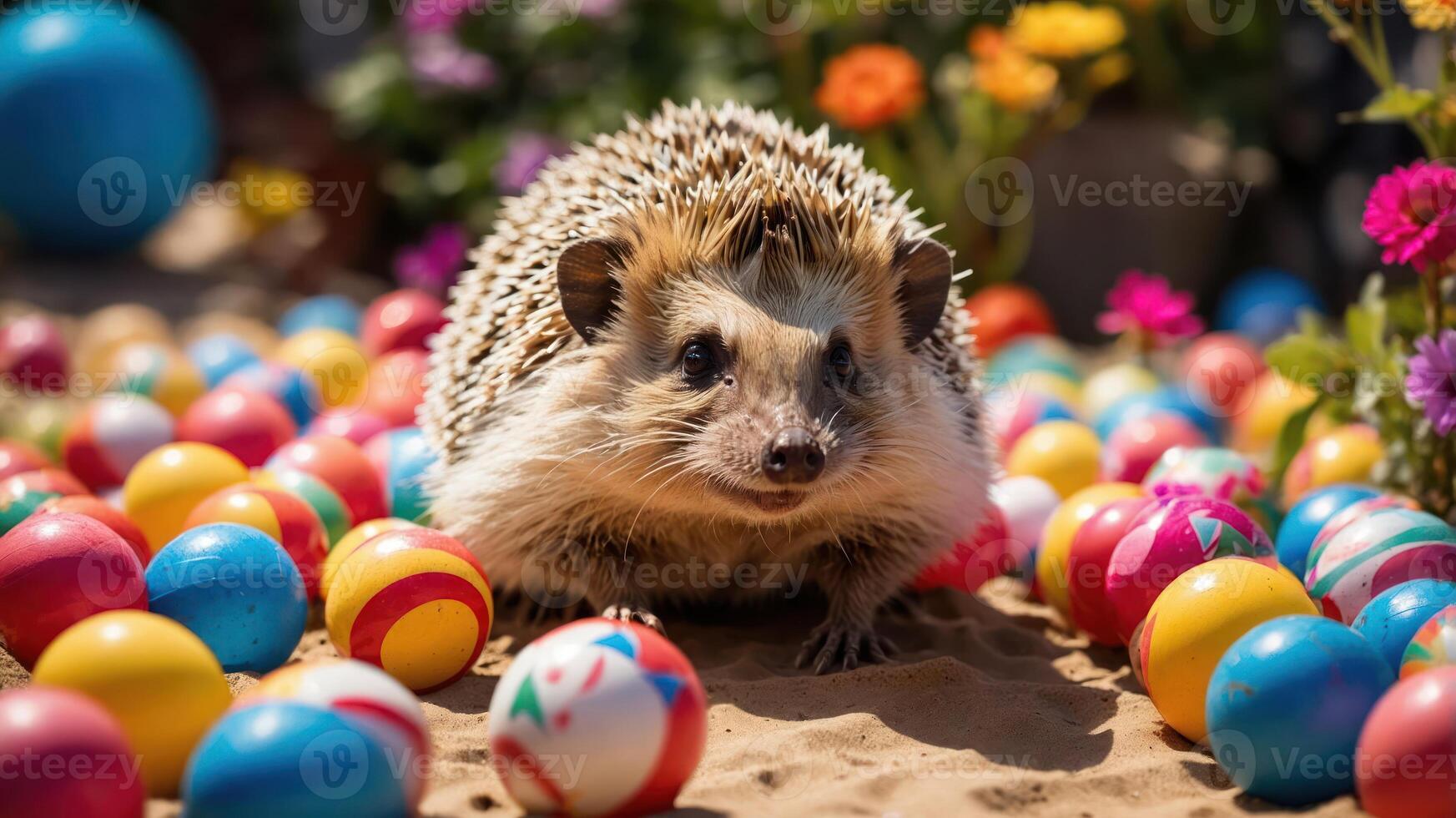 A hedgehog surrounded by colorful Easter eggs in a vibrant garden setting. photo