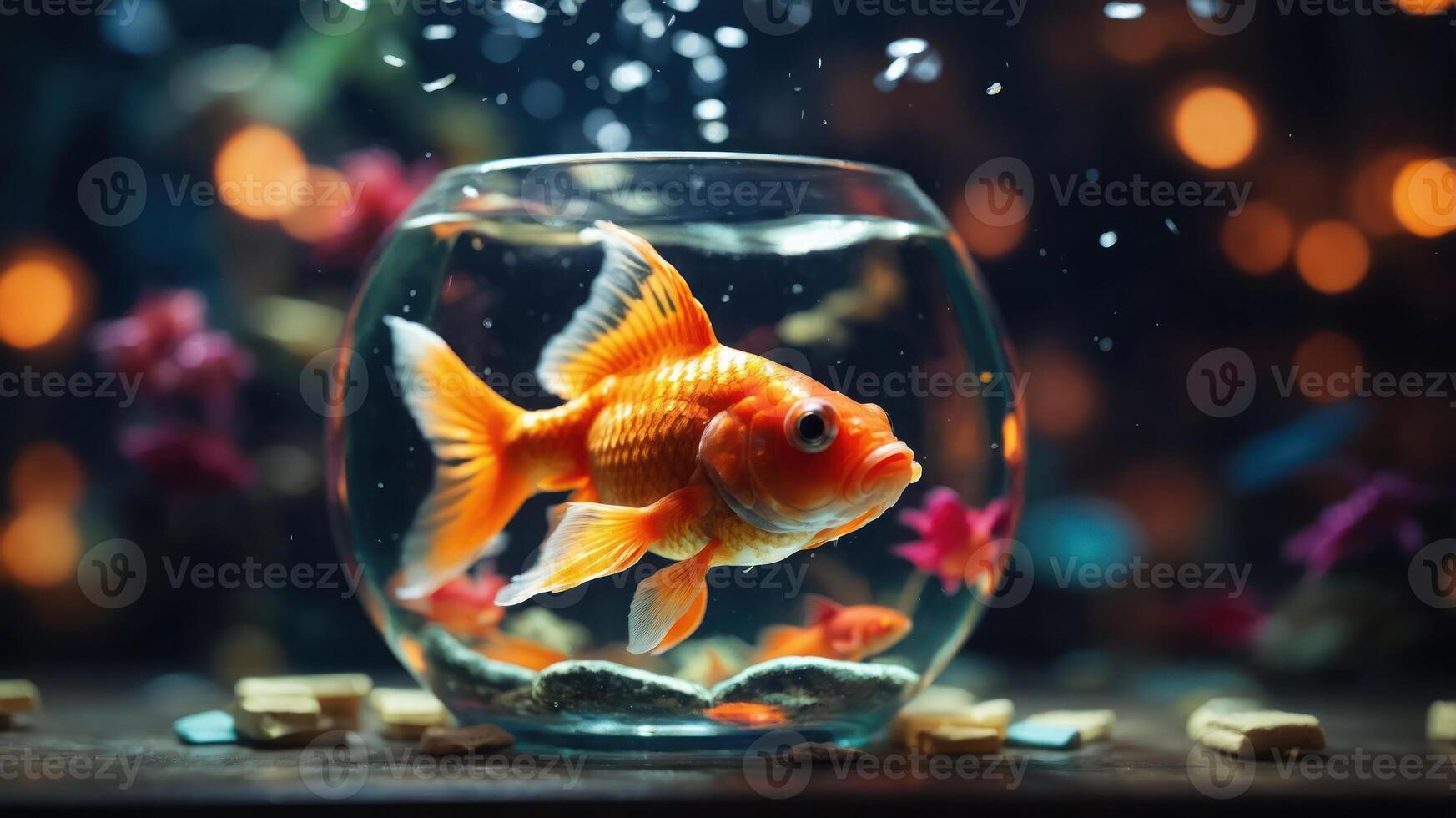 A vibrant goldfish swimming in a decorative bowl with a blurred background. photo