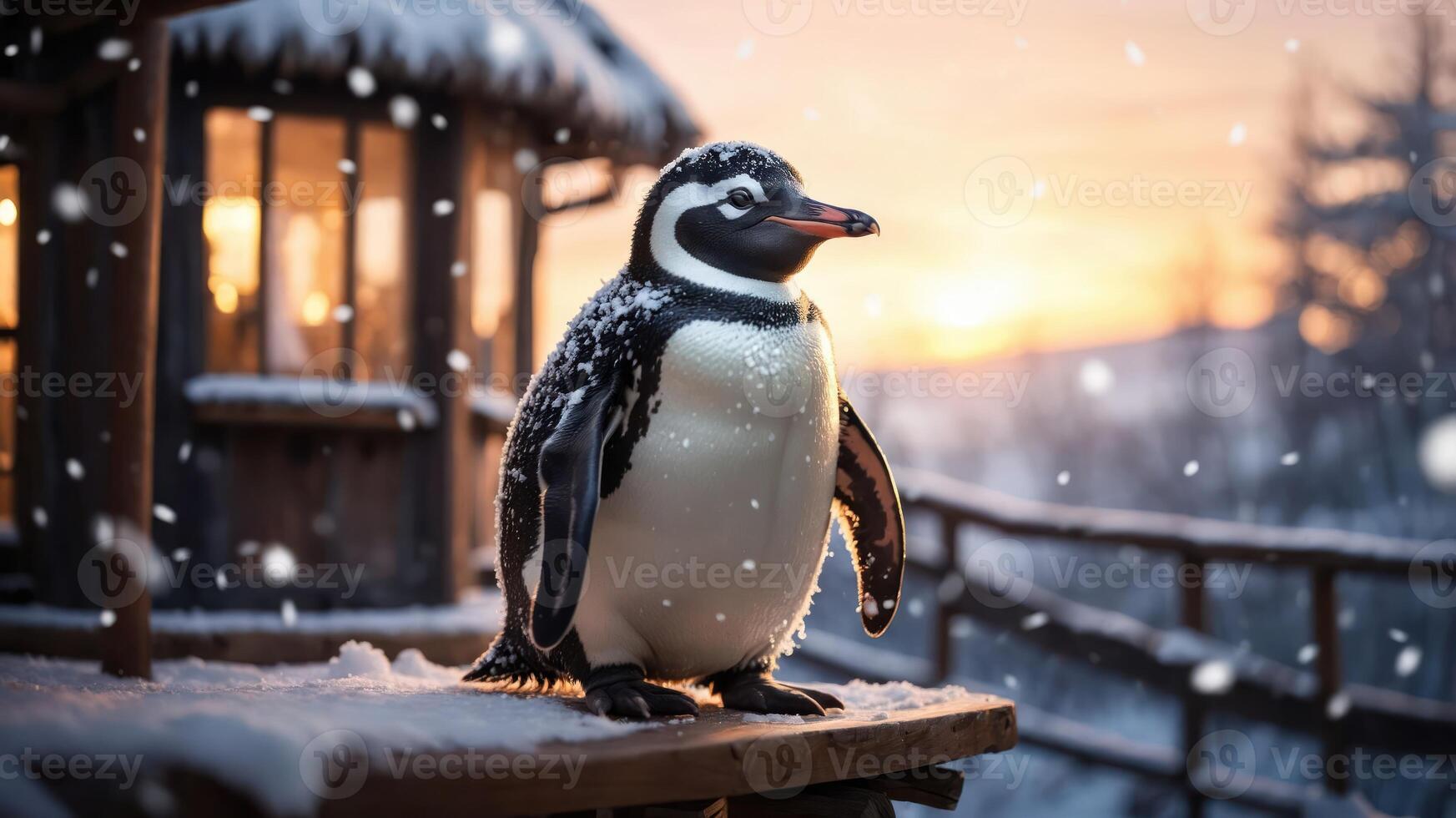 A penguin stands in the snow at sunset, creating a serene winter scene. photo