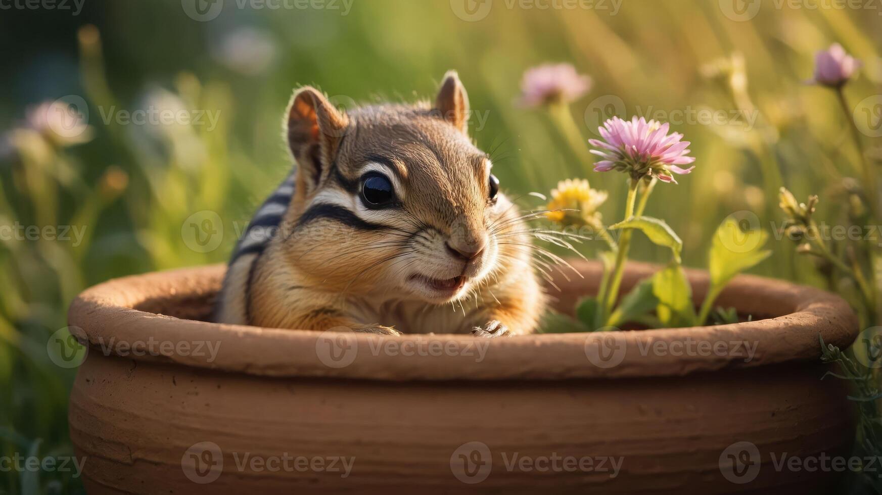 A chipmunk resting in a flower-filled pot, surrounded by greenery and blooms. photo