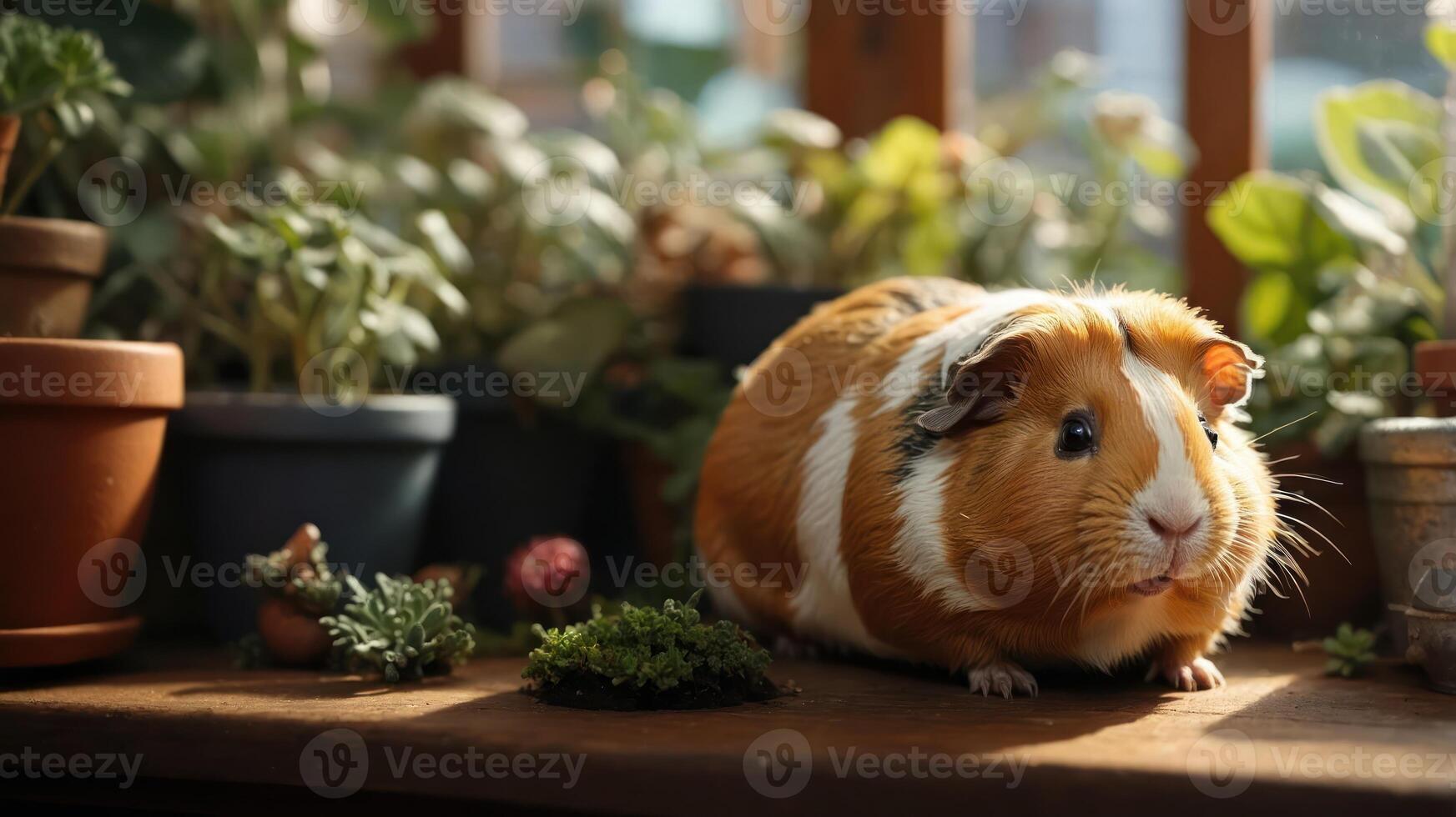 A guinea pig resting on a wooden surface surrounded by potted plants in a sunlit setting. photo