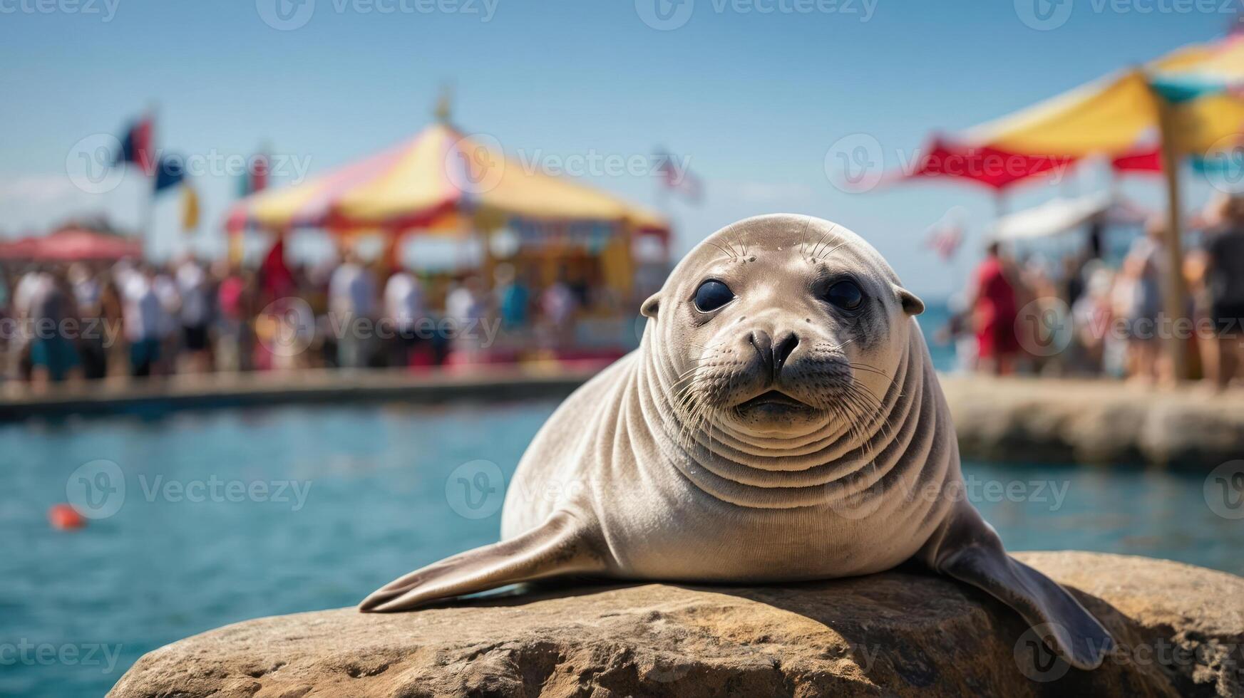 A seal resting on a rock near a lively waterfront carnival scene. photo