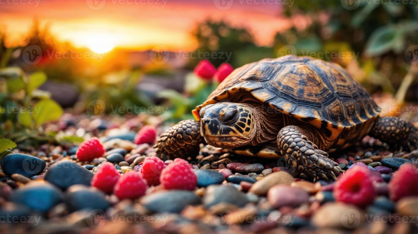 A turtle resting on pebbles surrounded by raspberries at sunset. photo