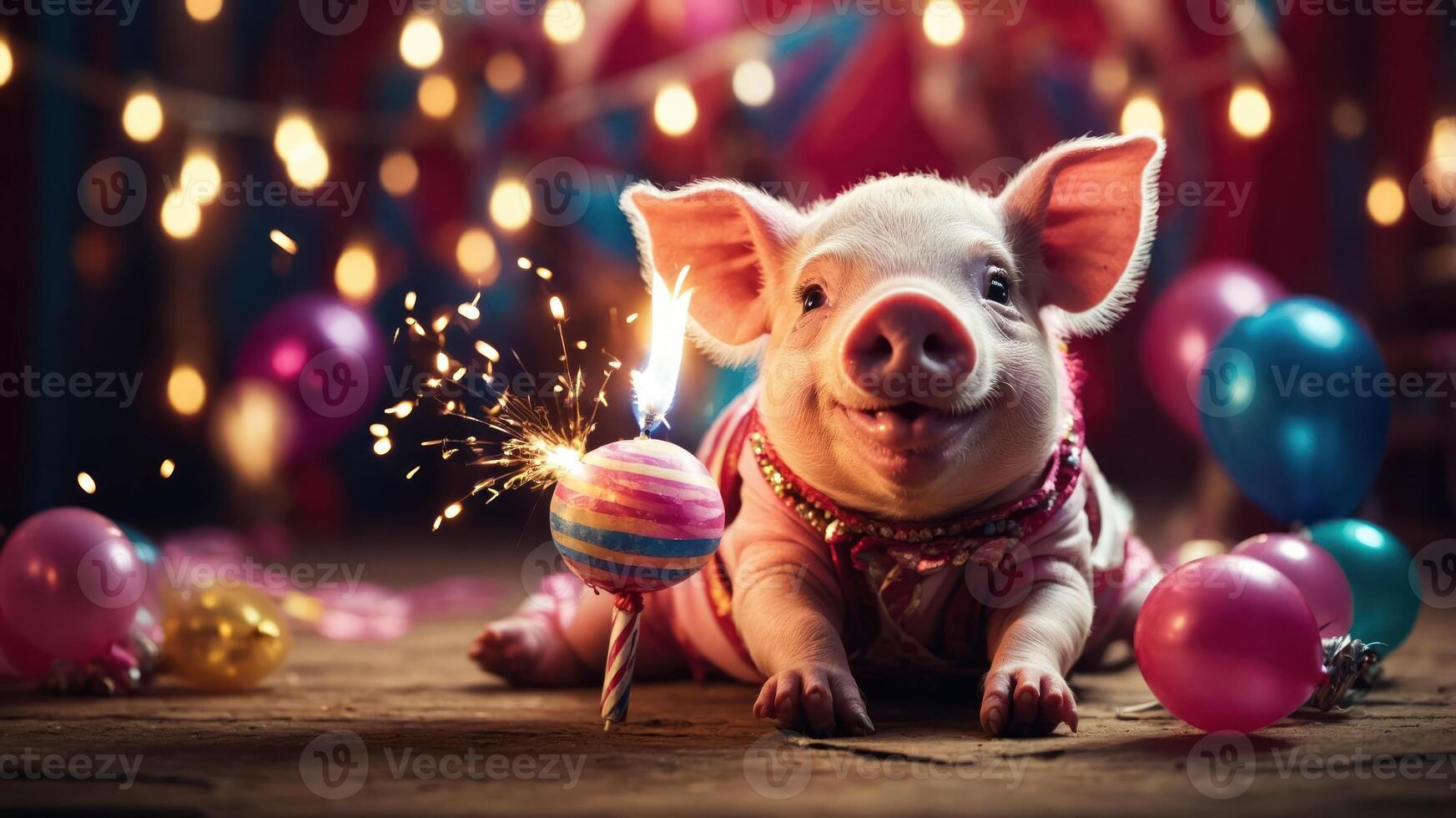 A cheerful piglet celebrates with a festive sparkler and colorful balloons. photo