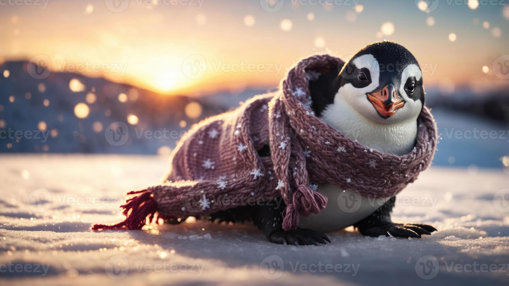 A cute penguin wrapped in a cozy scarf, sitting in a snowy landscape during sunset. photo