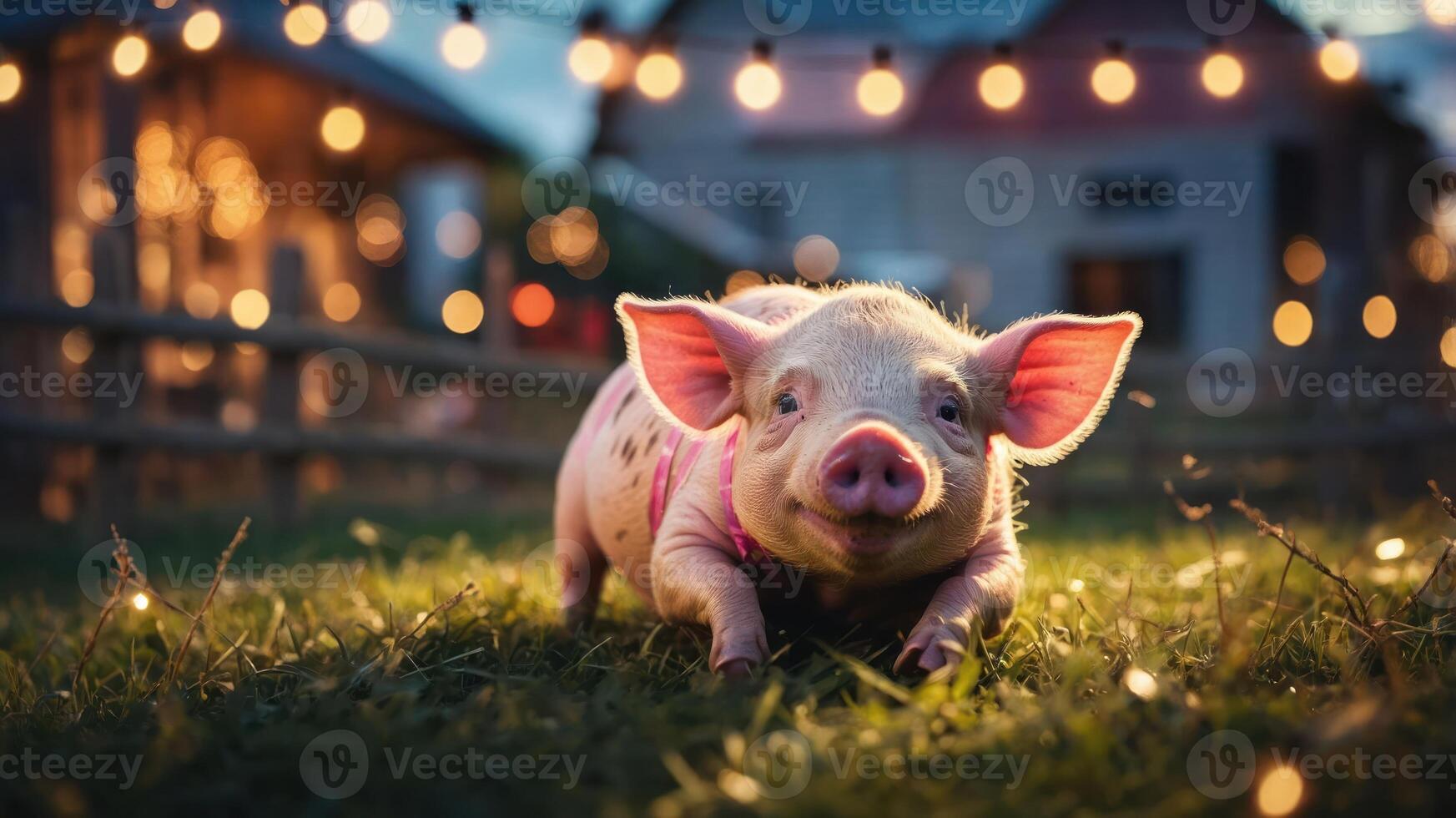A cute piglet on a grassy lawn illuminated by string lights at dusk. photo
