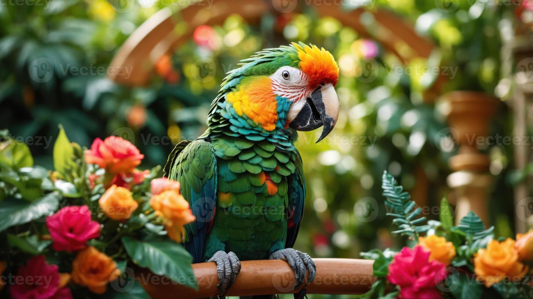 A vibrant parrot perched among colorful flowers in a lush garden setting. photo