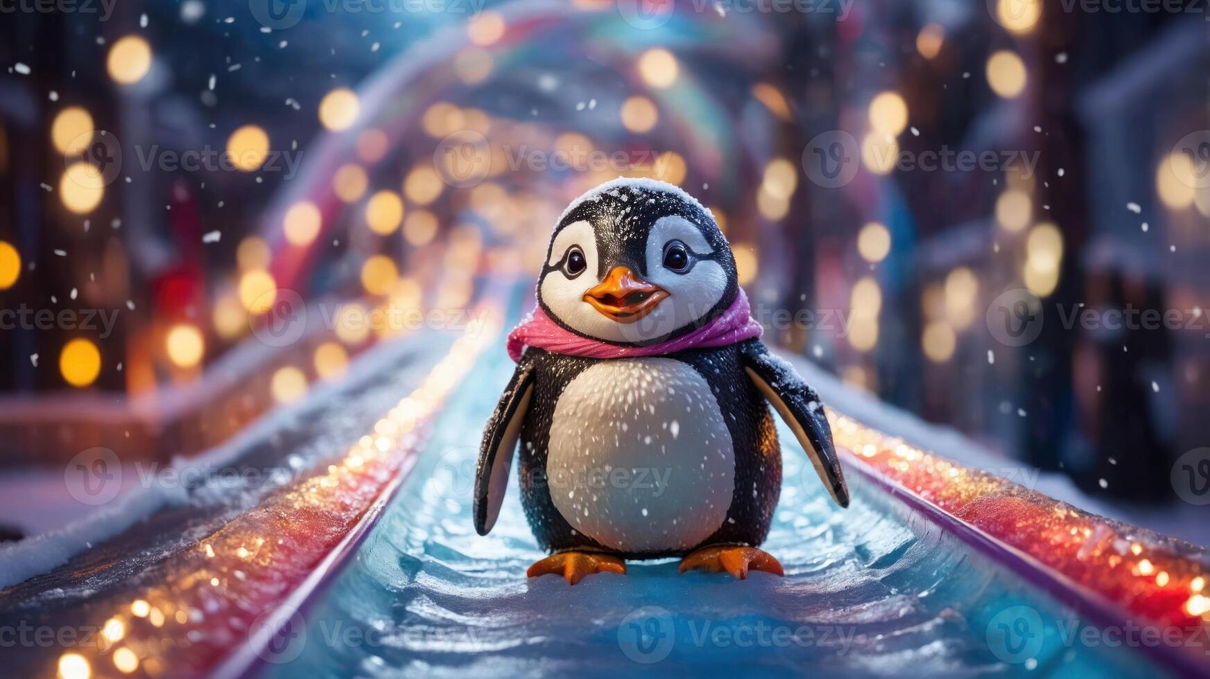 A cute penguin stands on a colorful ice slide amidst a snowy, festive background. photo