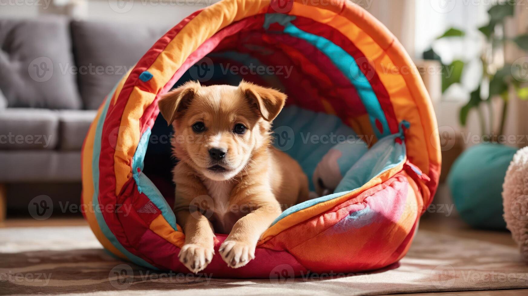 A puppy relaxing in a colorful pet bed, showcasing comfort and playfulness. photo