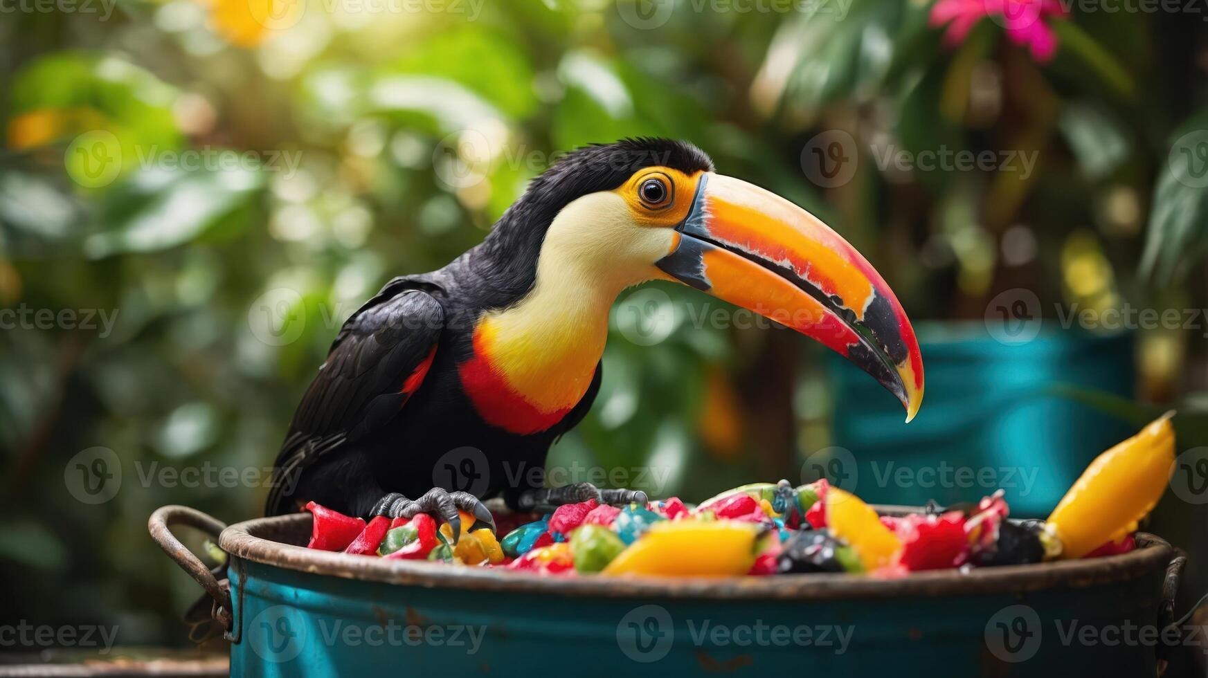 A colorful toucan perched beside a bowl of vibrant fruits in a lush garden setting. photo