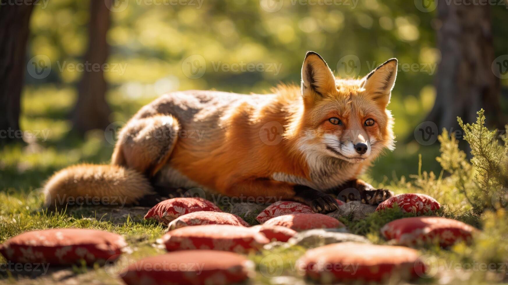 A fox resting on decorative cushions in a serene outdoor setting. photo