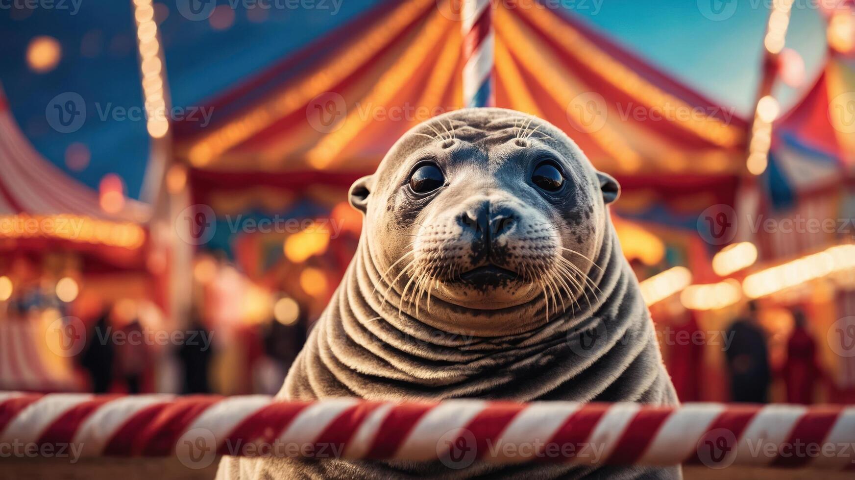 A seal poses playfully in front of a colorful circus tent. photo