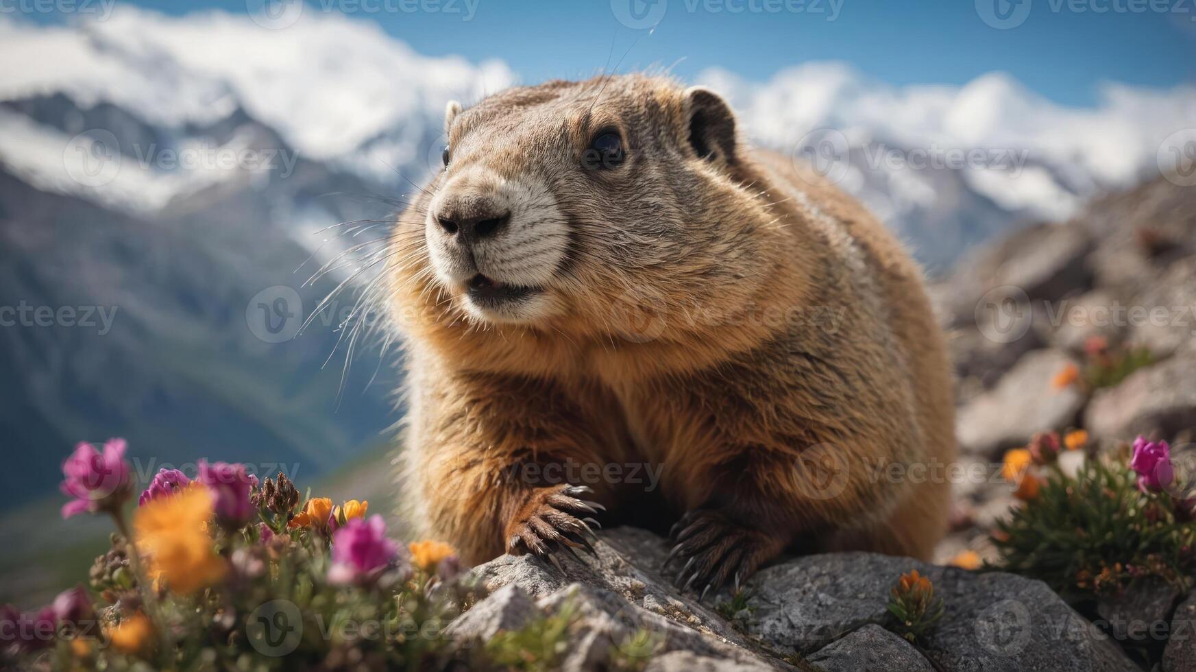 A close-up of a marmot amidst colorful flowers and mountains. photo