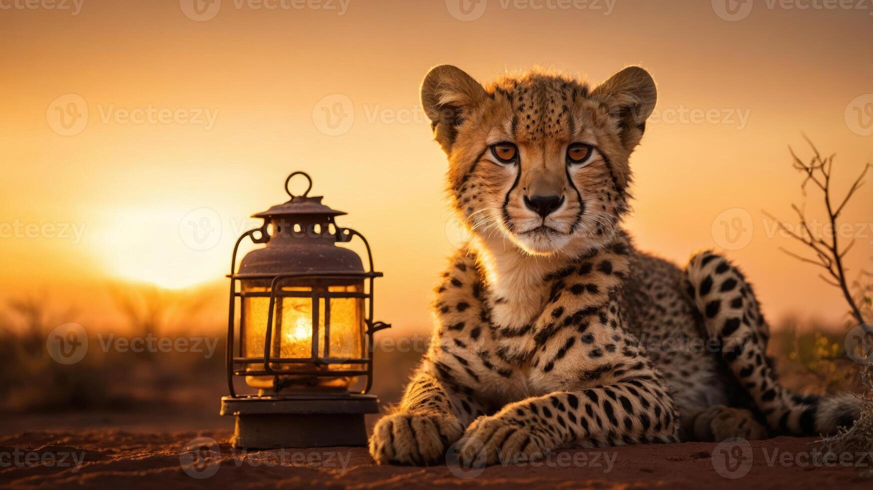 A cheetah rests beside a vintage lantern at sunset, highlighting nature's beauty. photo