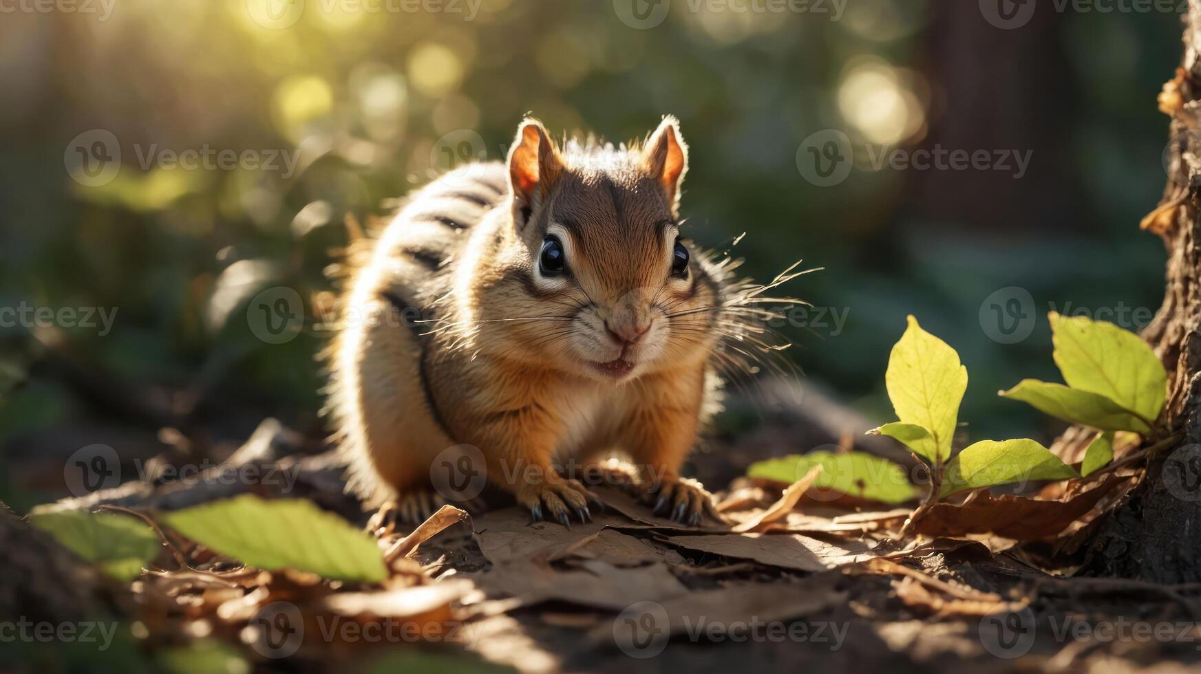 A close-up of a chipmunk in a forest setting, surrounded by leaves and sunlight. photo