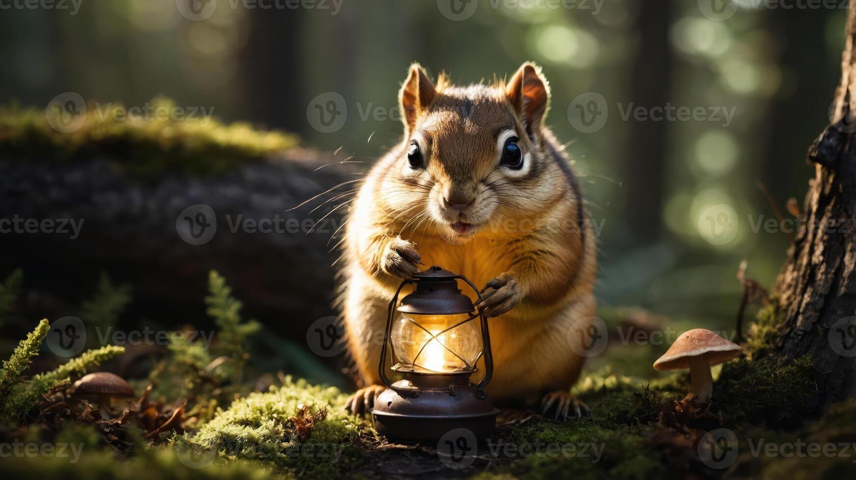 A chipmunk holding a lantern in a forest setting, creating a whimsical atmosphere. photo