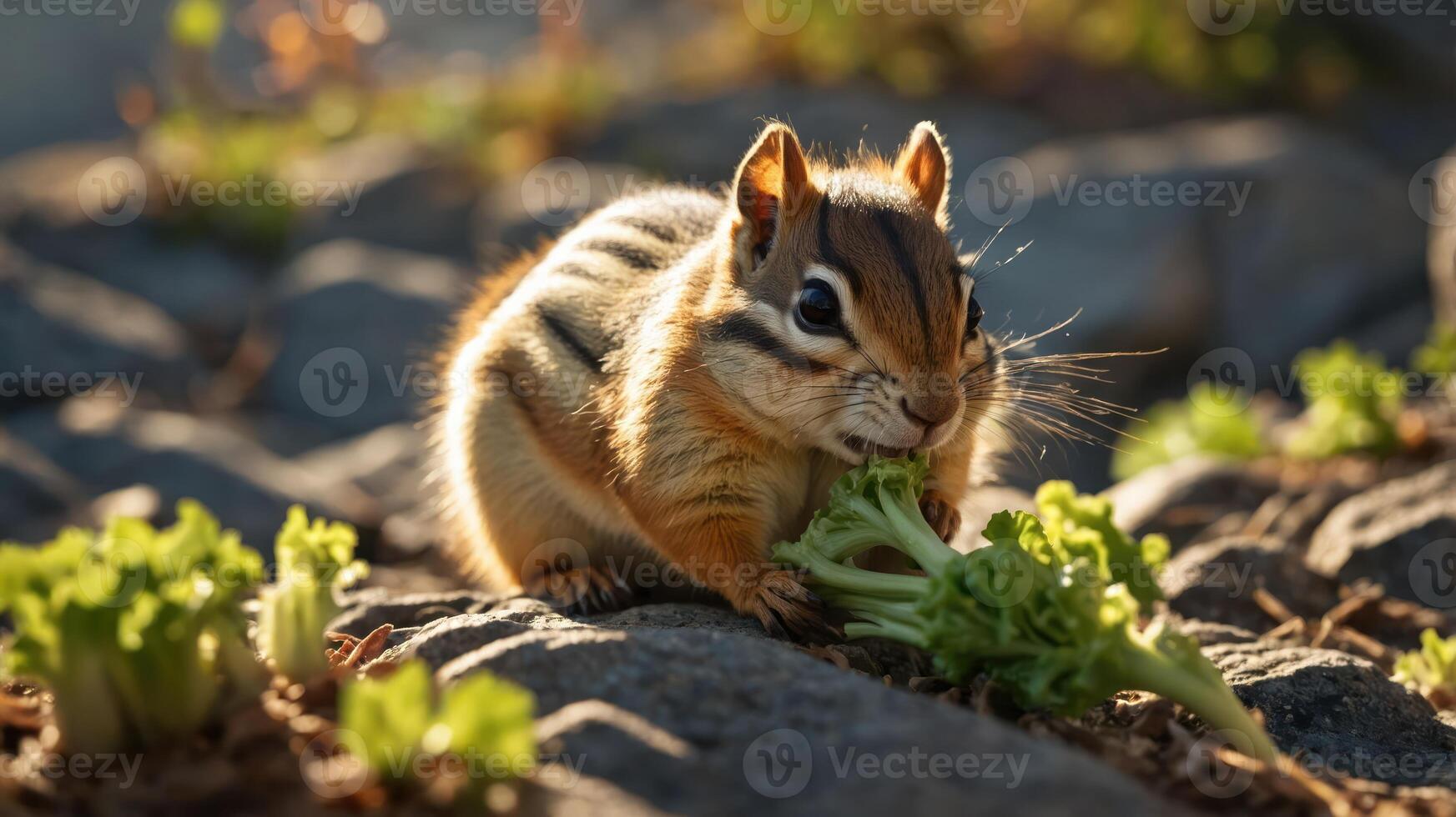 A chipmunk munching on a piece of lettuce in a natural setting. photo