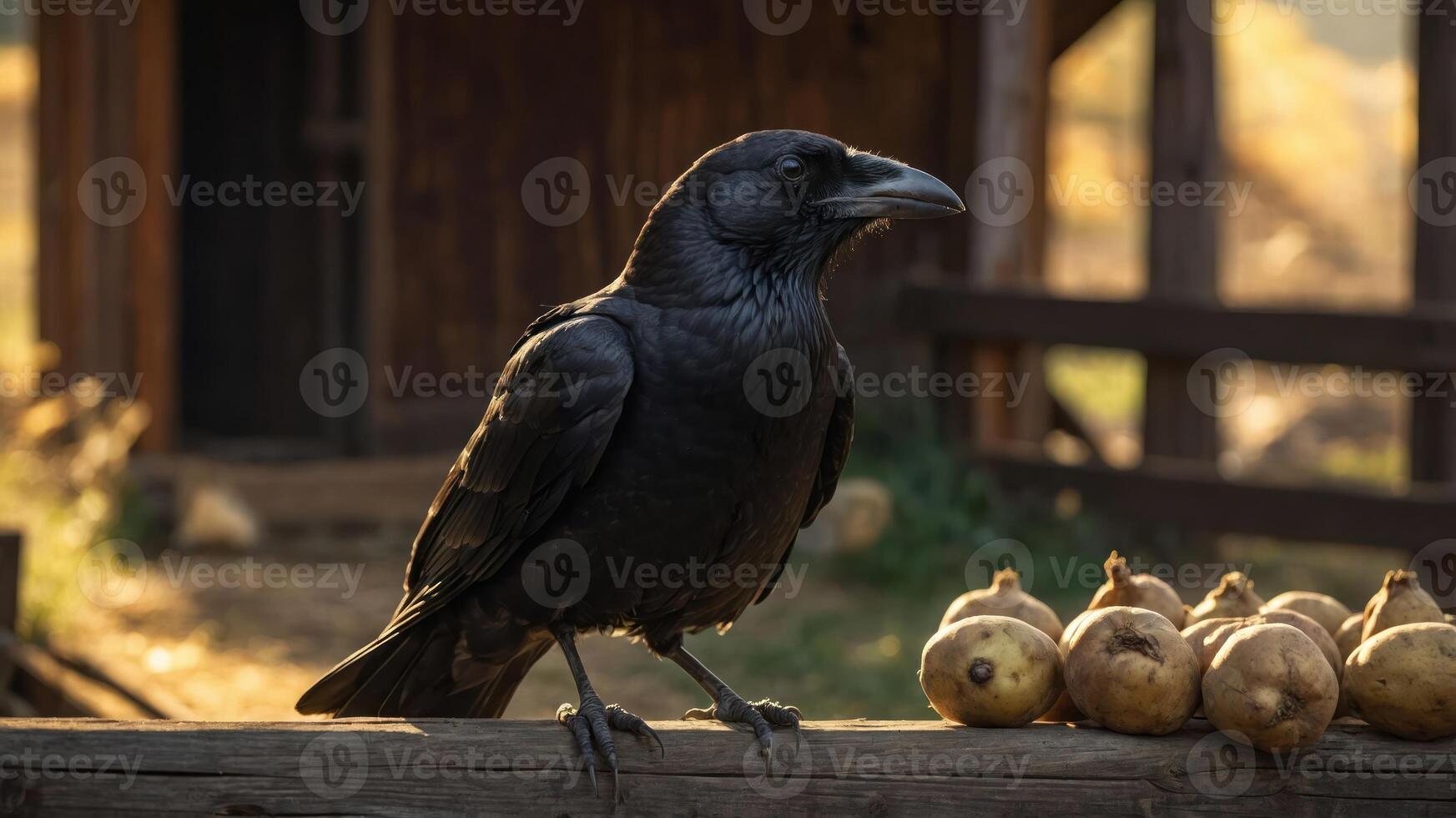 A raven perched on a fence near some onions in a rustic setting. photo
