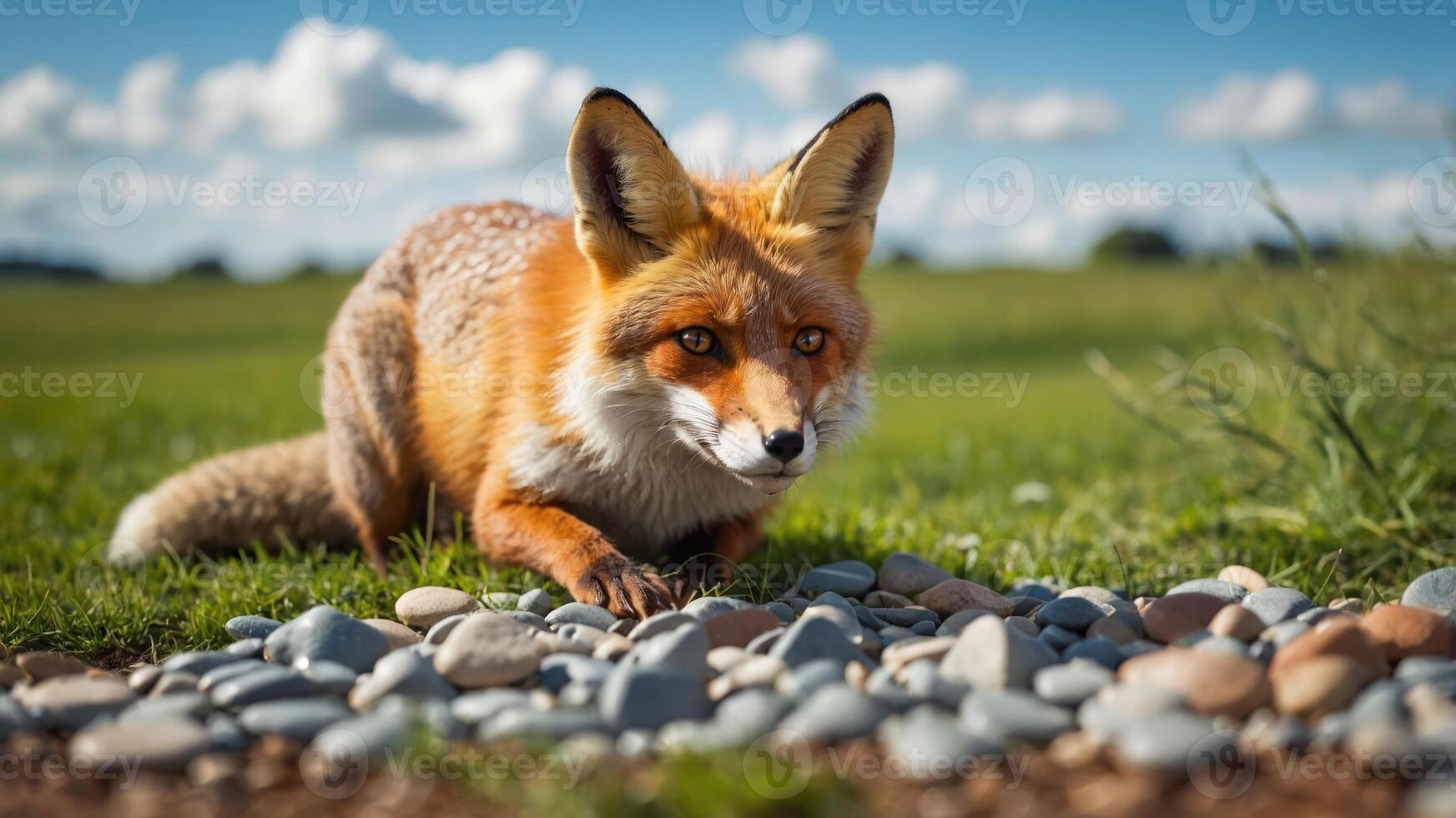 A close-up of a fox poised on grass, surrounded by pebbles under a blue sky. photo