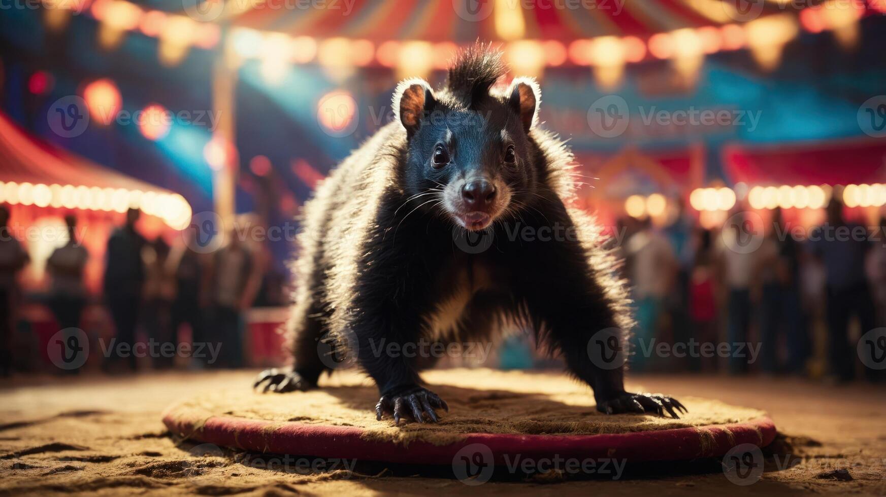 A bear-like animal performing in a circus setting, surrounded by an audience. photo
