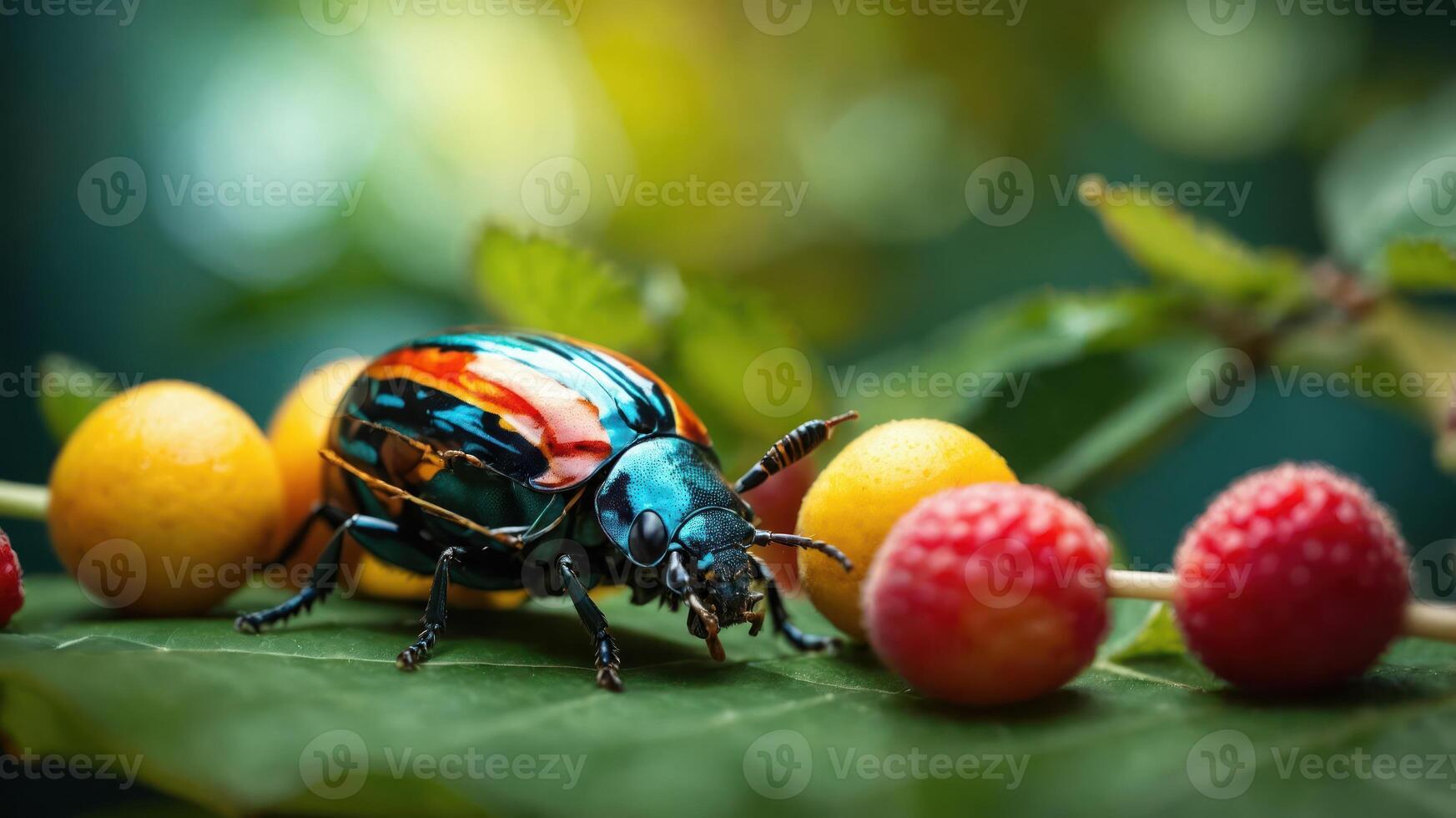 A vibrant beetle on a leaf surrounded by colorful berries, showcasing nature's beauty. photo