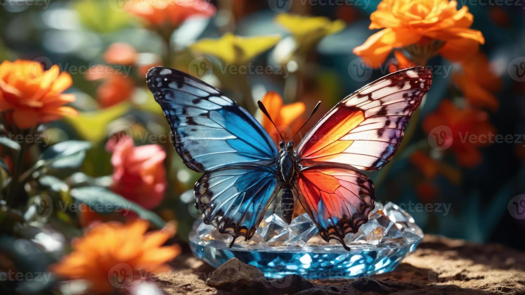 A vibrant butterfly resting on a crystal dish amidst colorful flowers. photo