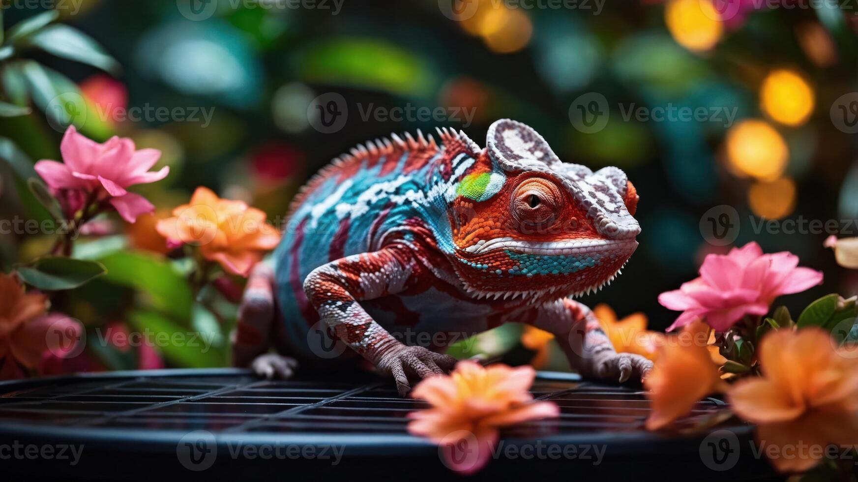 A colorful chameleon on a black surface surrounded by vibrant flowers. photo