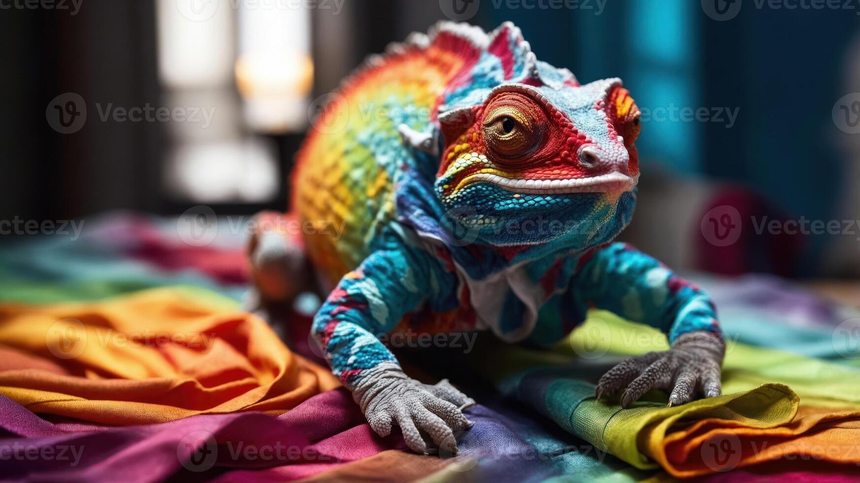 A colorful lizard crawling on vibrant fabric, showcasing its unique patterns and textures. photo
