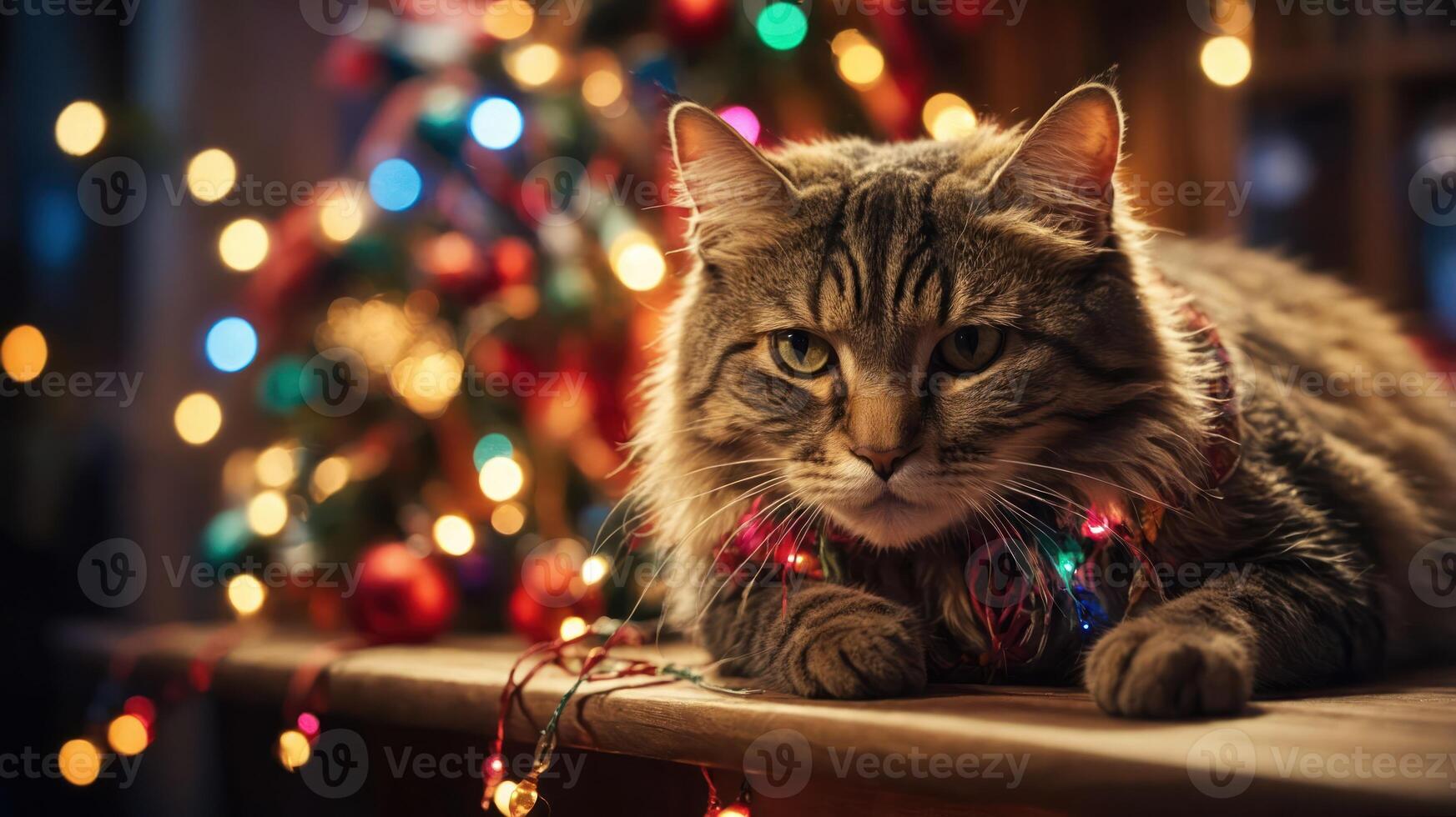 A cat adorned with festive lights lounges near a decorated Christmas tree. photo