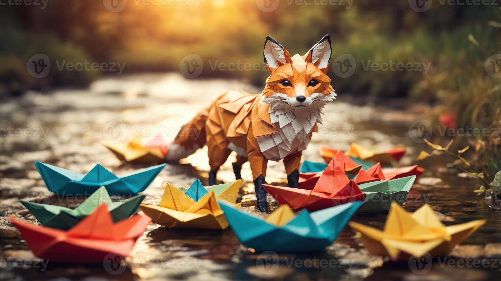 A paper fox stands in a stream surrounded by colorful origami boats. photo