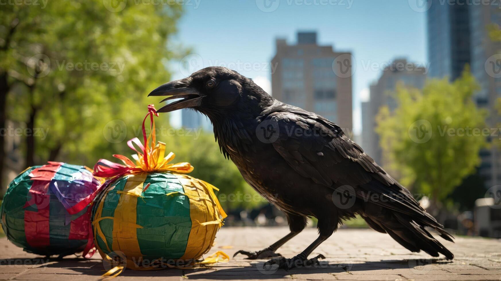 A raven beside colorful wrapped gifts in an urban park setting. photo