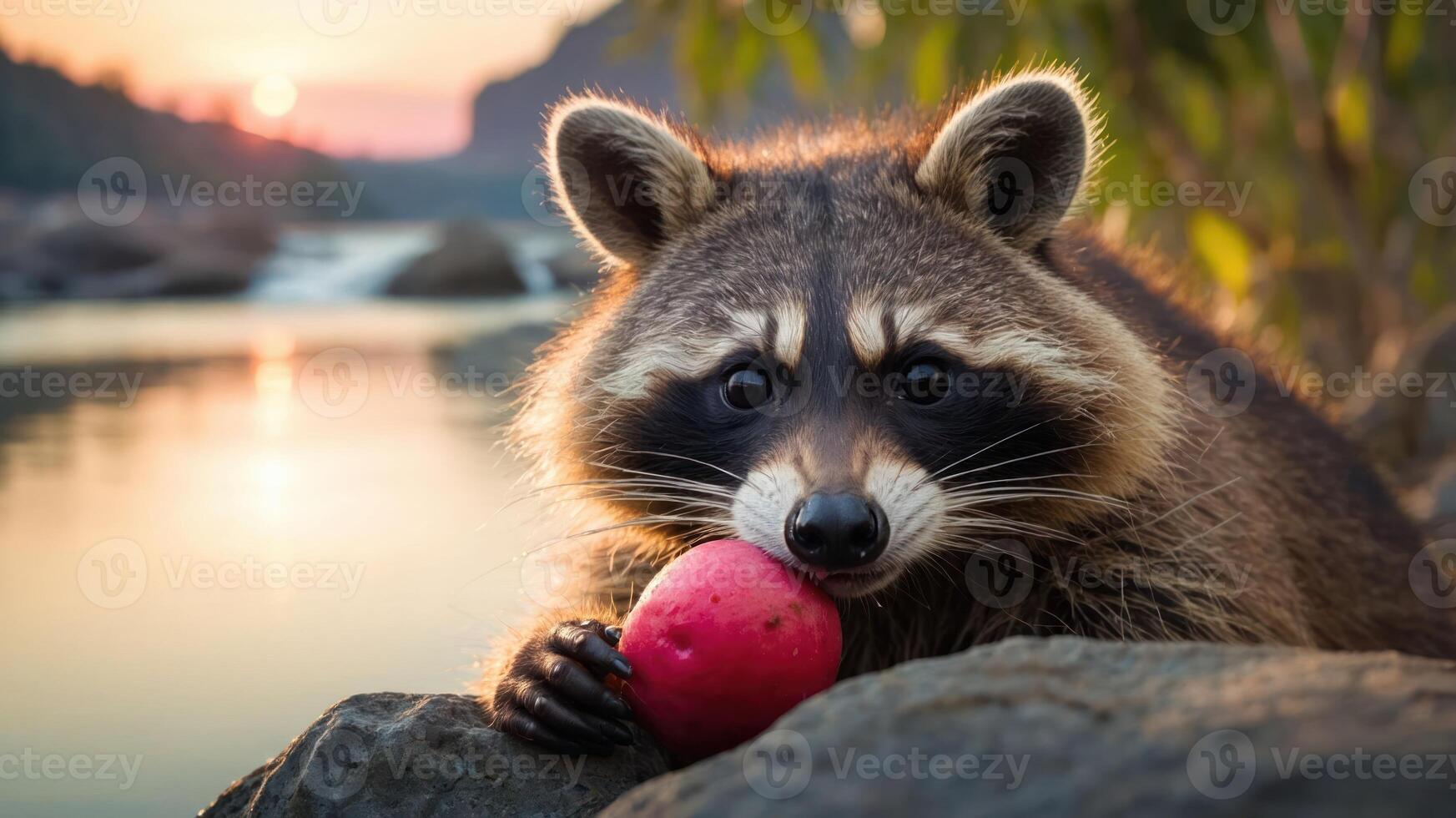 A raccoon holds a red apple by a river at sunset, showcasing wildlife and nature's beauty. photo