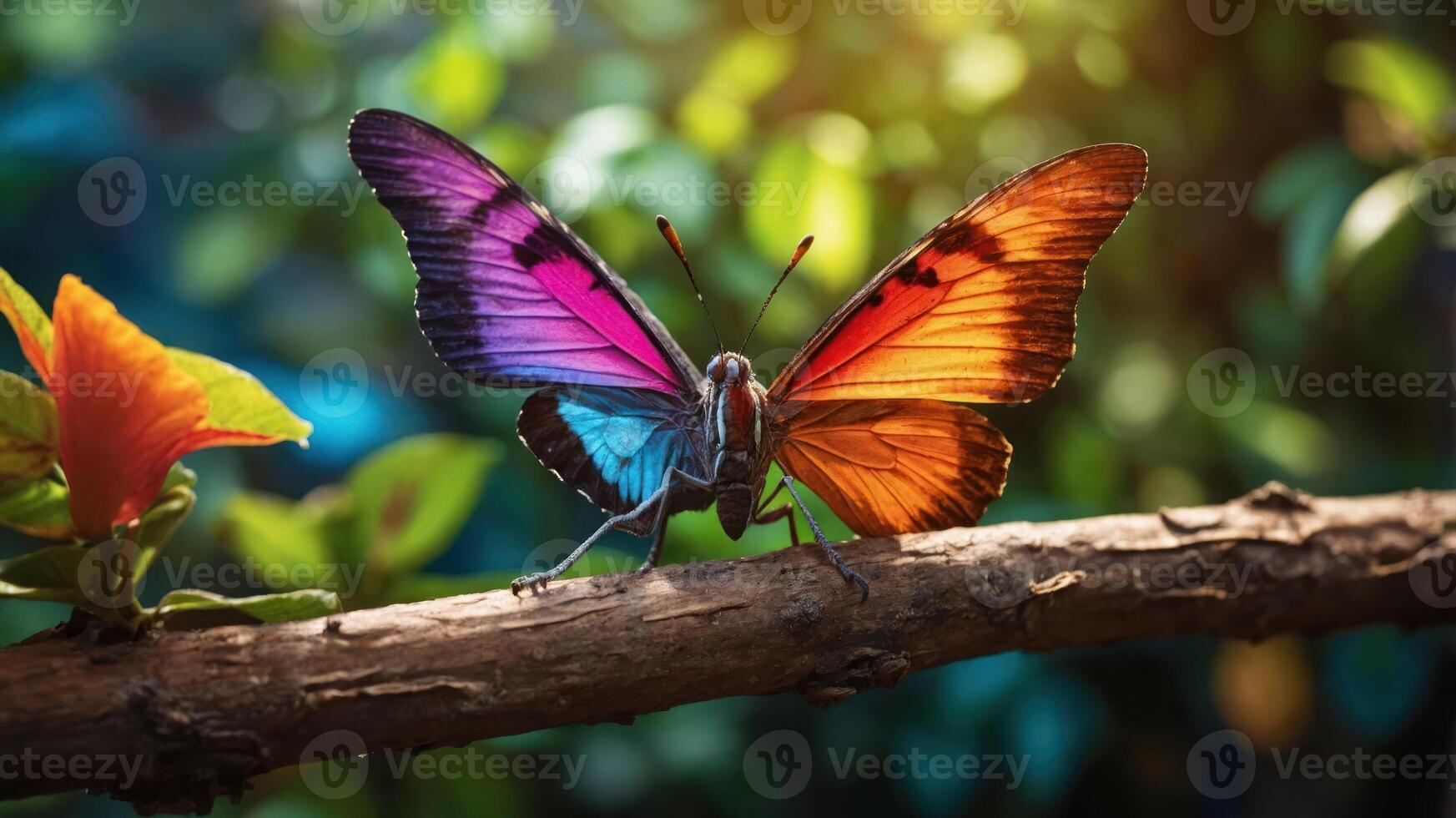 A vibrant butterfly with striking purple and orange wings perched on a branch in nature. photo