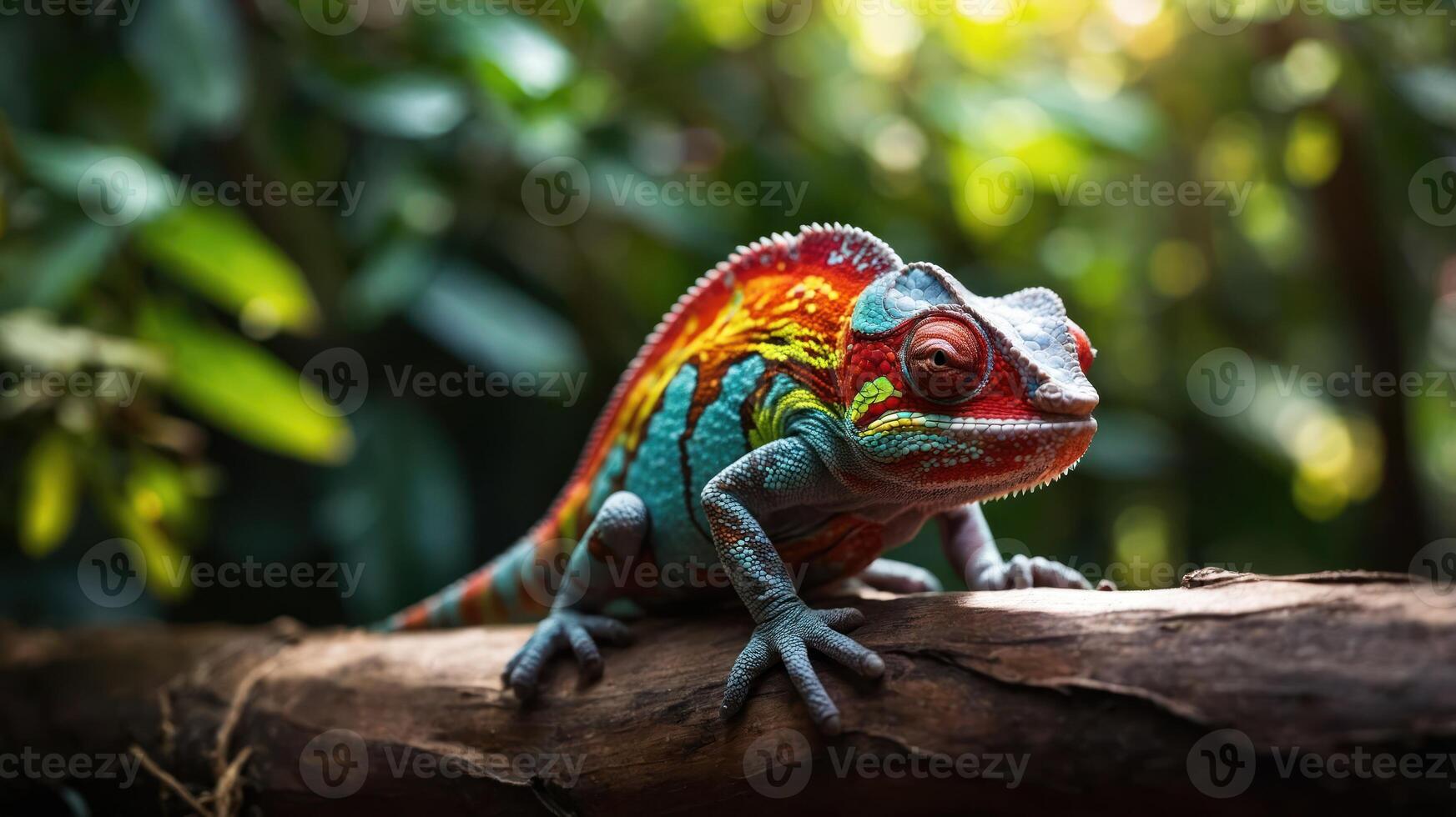 A vibrant chameleon perched on a branch amidst lush greenery. photo