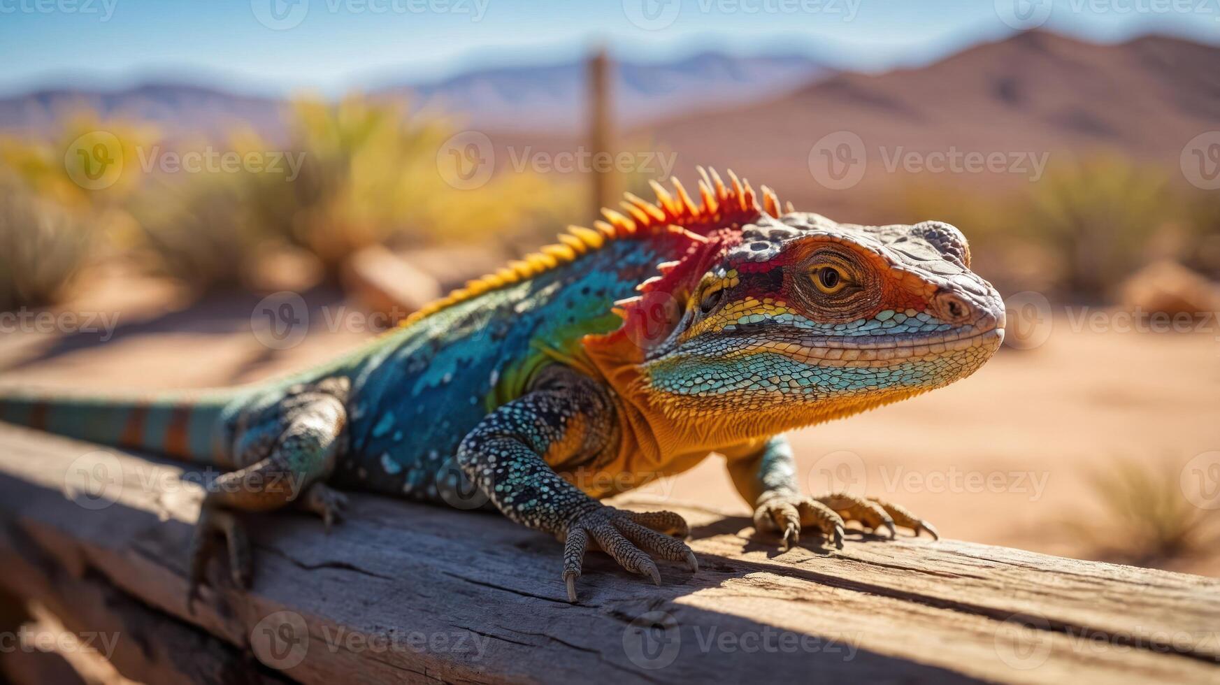 A colorful lizard perched on a wooden rail in a desert landscape. photo