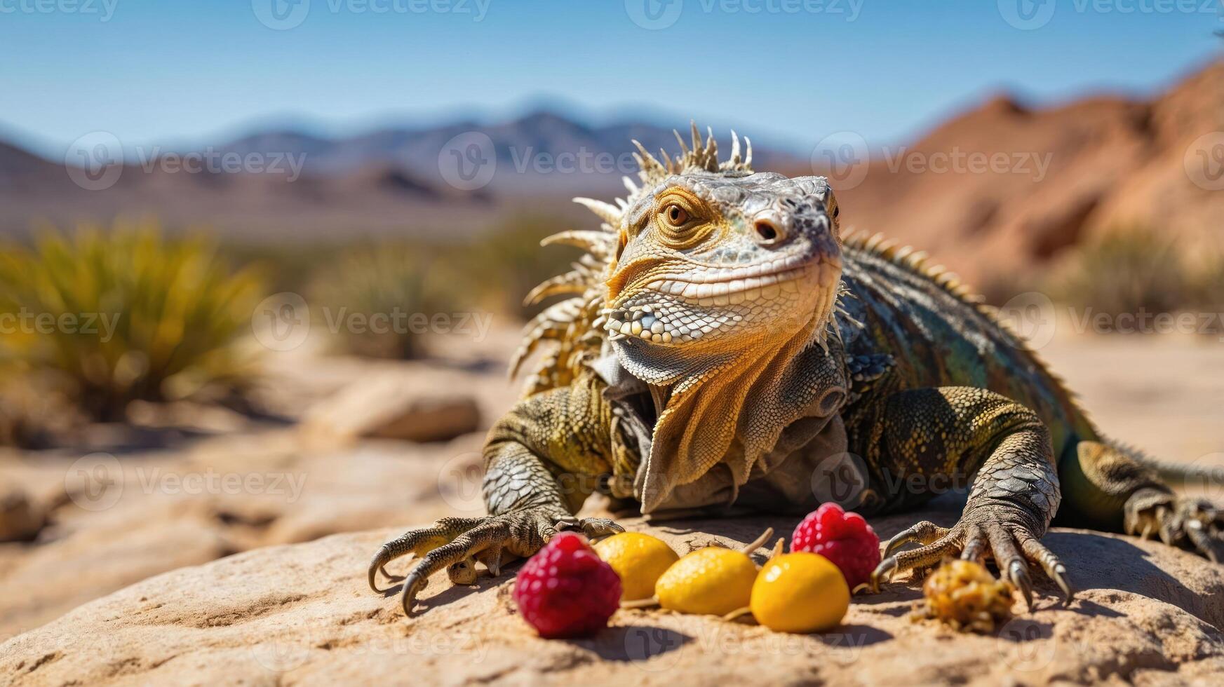 A bearded dragon rests on a rock surrounded by colorful fruits in a desert landscape. photo