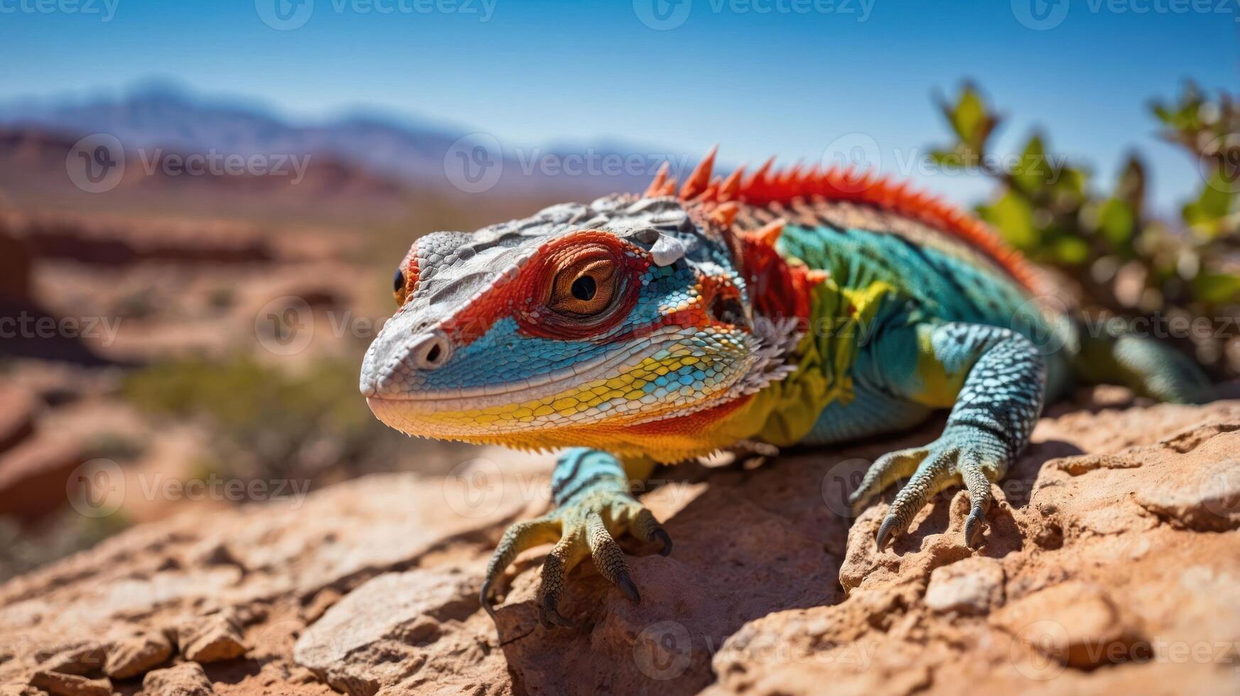 A colorful lizard resting on a rock in a desert landscape under a clear blue sky. photo