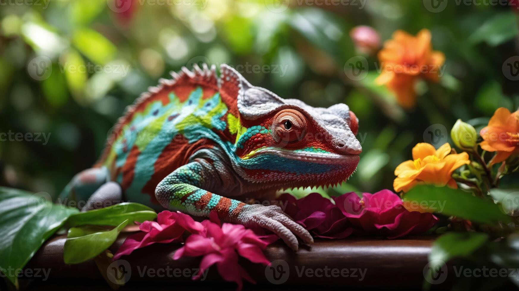 A vibrant chameleon resting among colorful flowers in a lush environment. photo