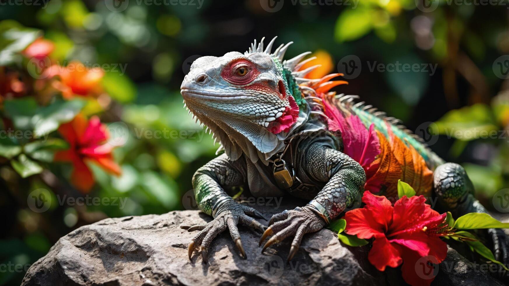 A colorful lizard perched on a rock amidst vibrant flowers in a lush setting. photo