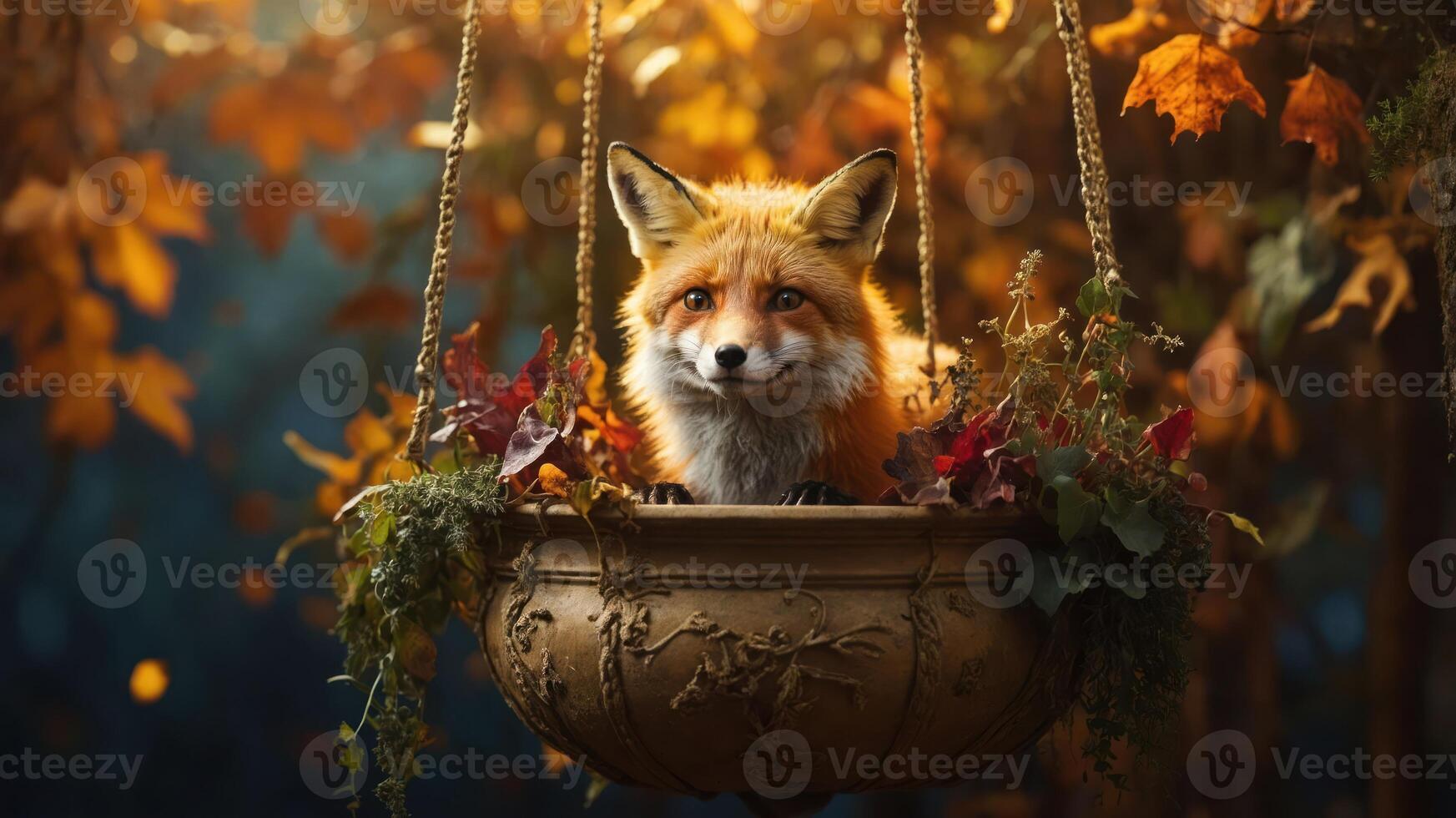A fox peeks out from a decorative planter surrounded by autumn leaves. photo