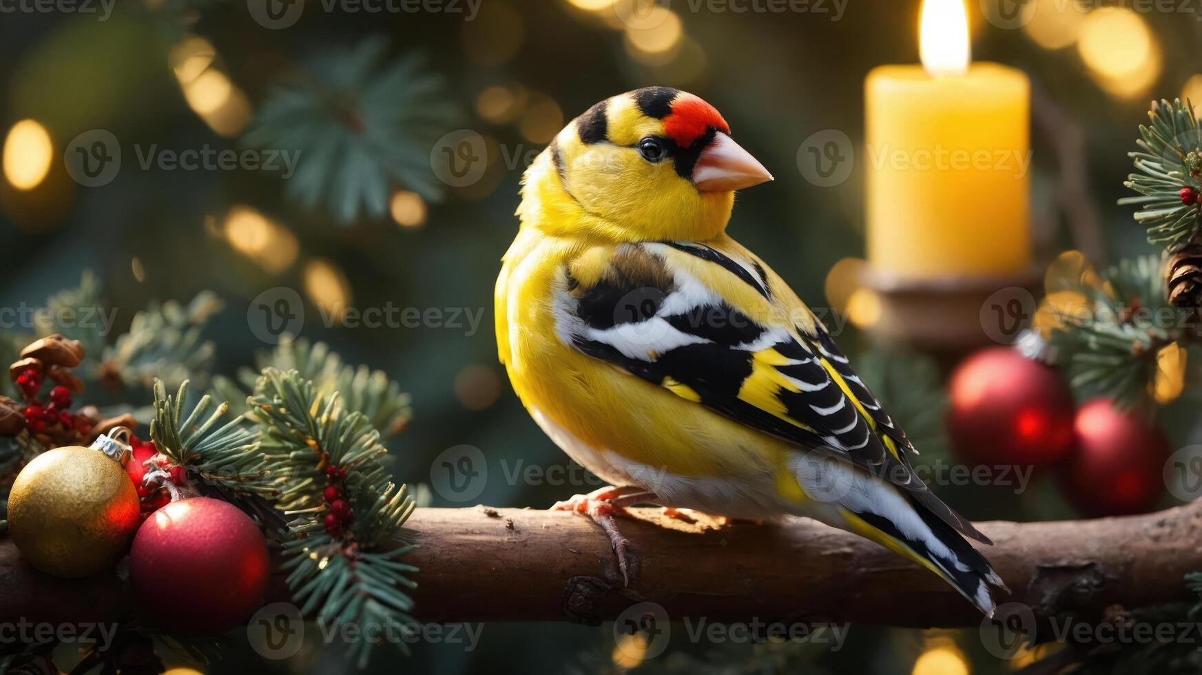 A vibrant yellow bird perched on a branch surrounded by festive decorations and a candle. photo