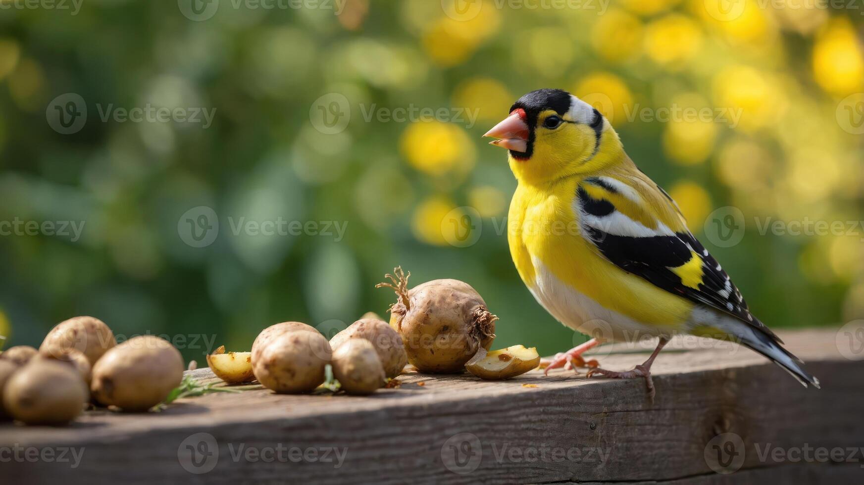 A vibrant yellow bird perched near small potatoes in a natural setting. photo