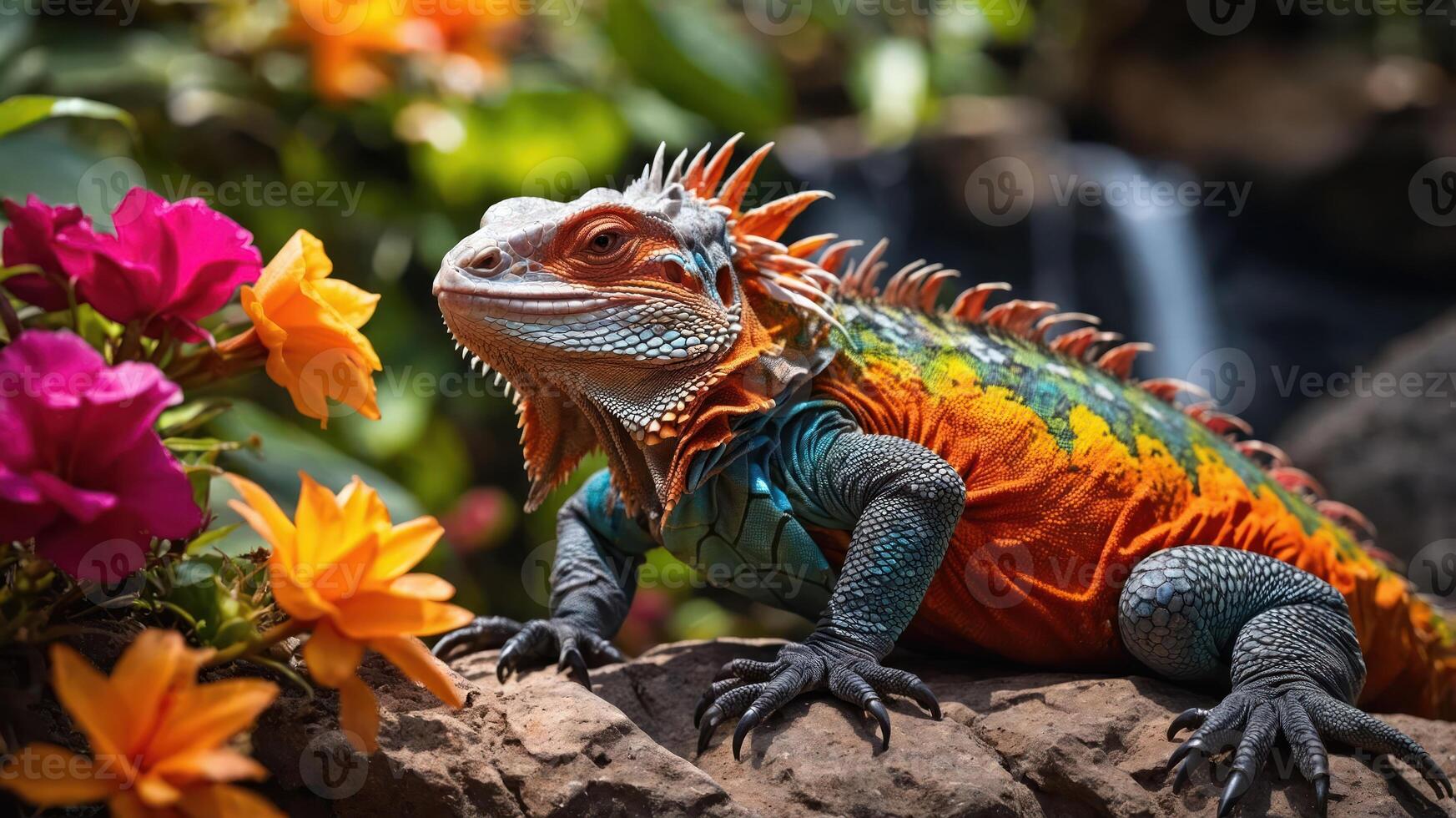 A colorful lizard perched on a rock surrounded by vibrant flowers in a lush environment. photo