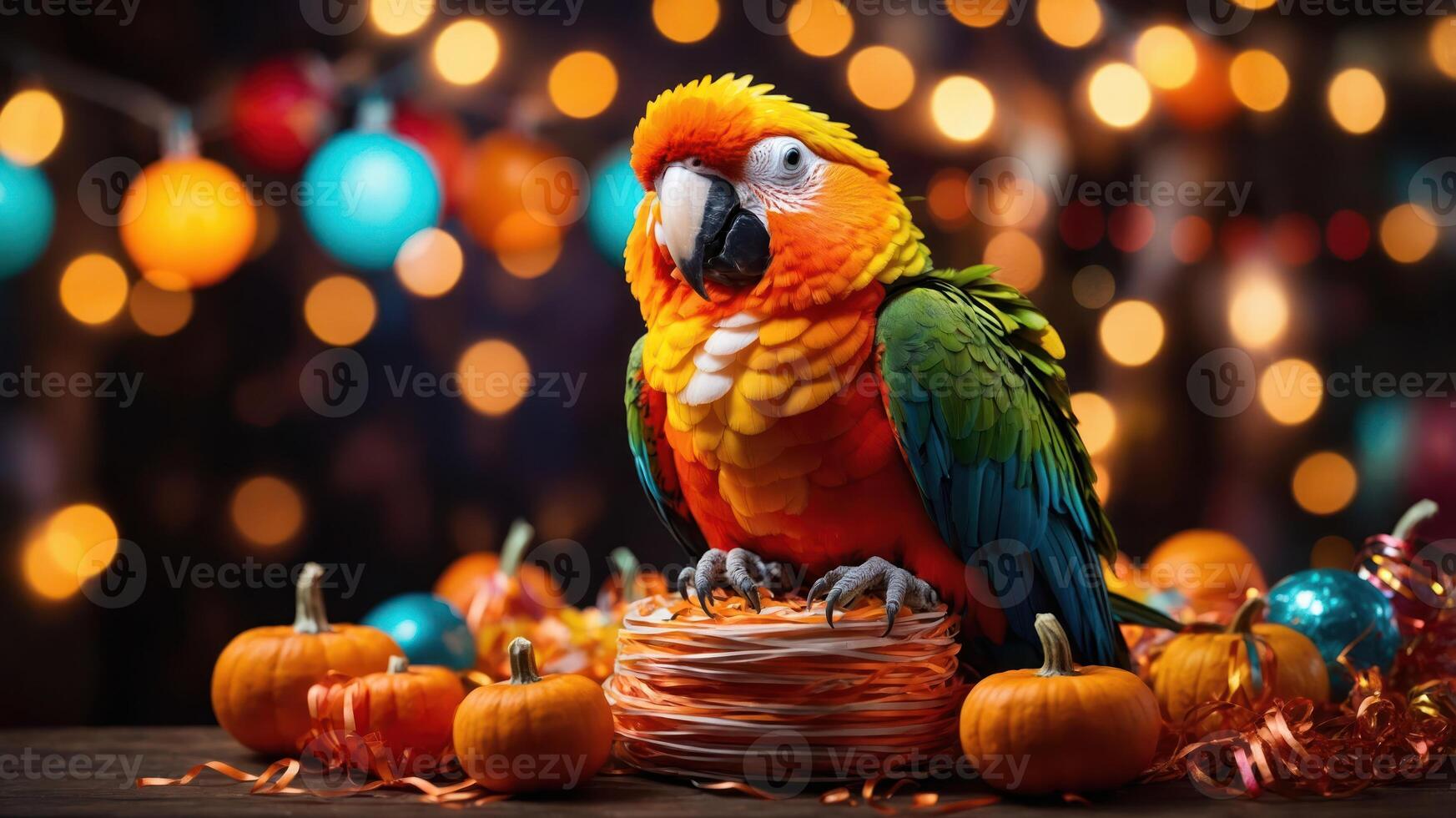 A colorful parrot perched on a nest surrounded by small pumpkins and festive decorations. photo