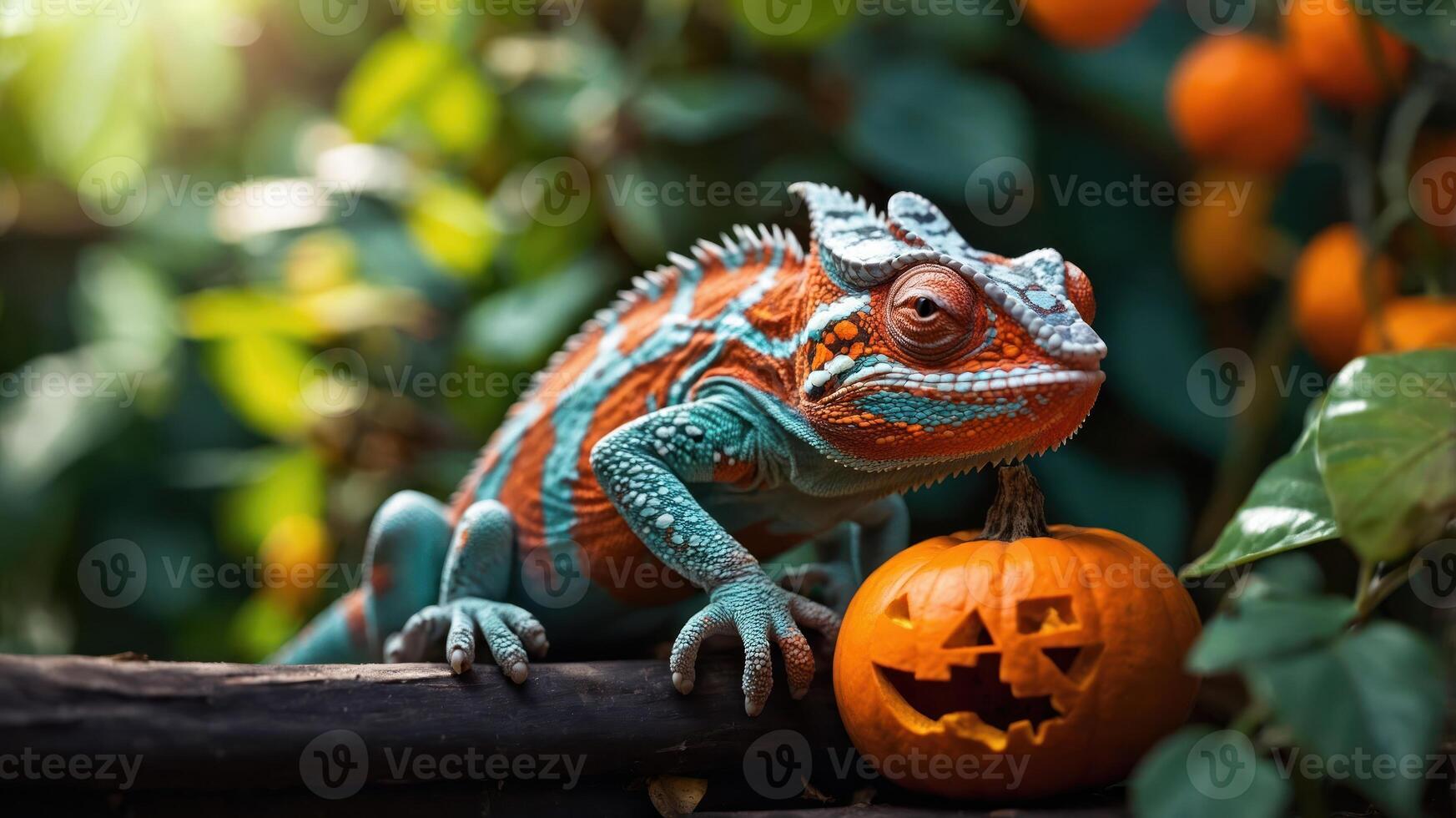 A colorful chameleon perched beside a carved pumpkin in a lush, green setting. photo