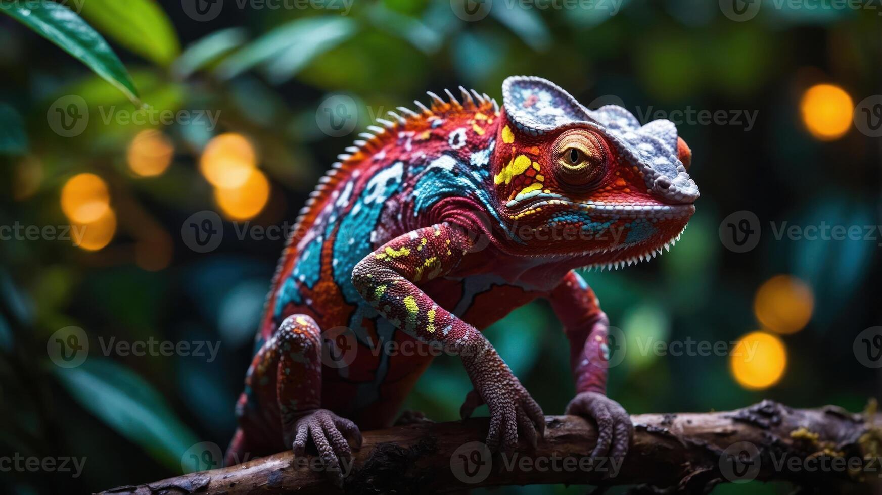 A vibrant chameleon perched on a branch amidst lush greenery and soft glowing lights. photo