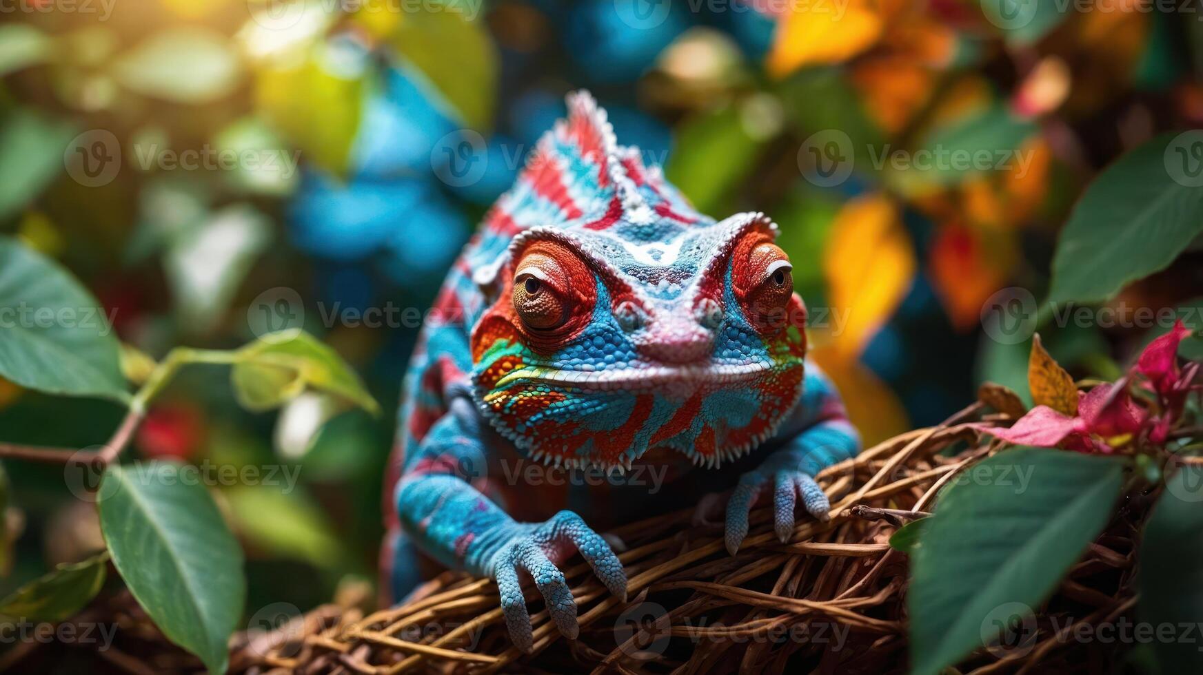 A vibrant chameleon perched on a branch amidst colorful foliage. photo